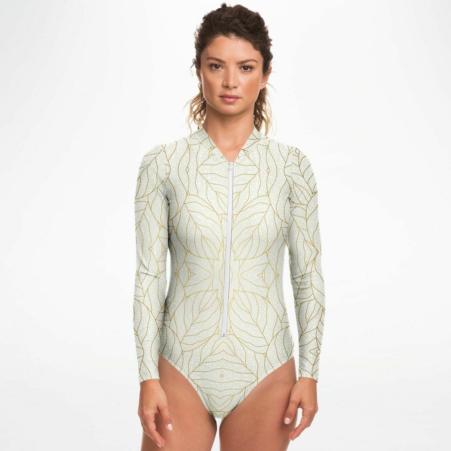 Abstract Gold Leaves Long Sleeve Bodysuit-Subliminator-XS-Urbanheer