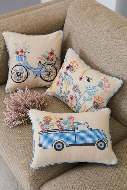 Gingham Bike Embroidered Pillow, Set Of Two.-peking handicraft-Urbanheer
