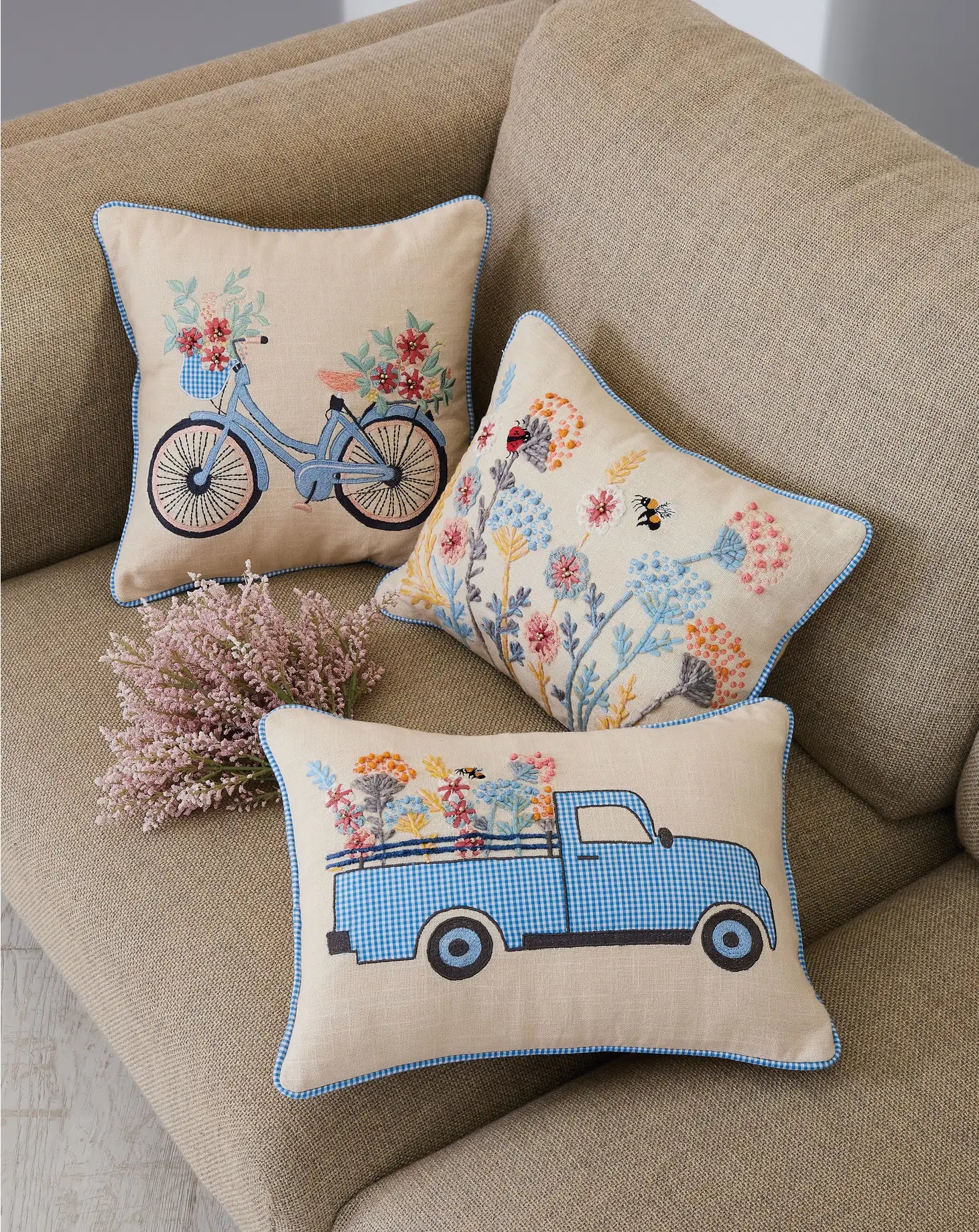Gingham Bike Embroidered Pillow, Set Of Two.-peking handicraft-Urbanheer