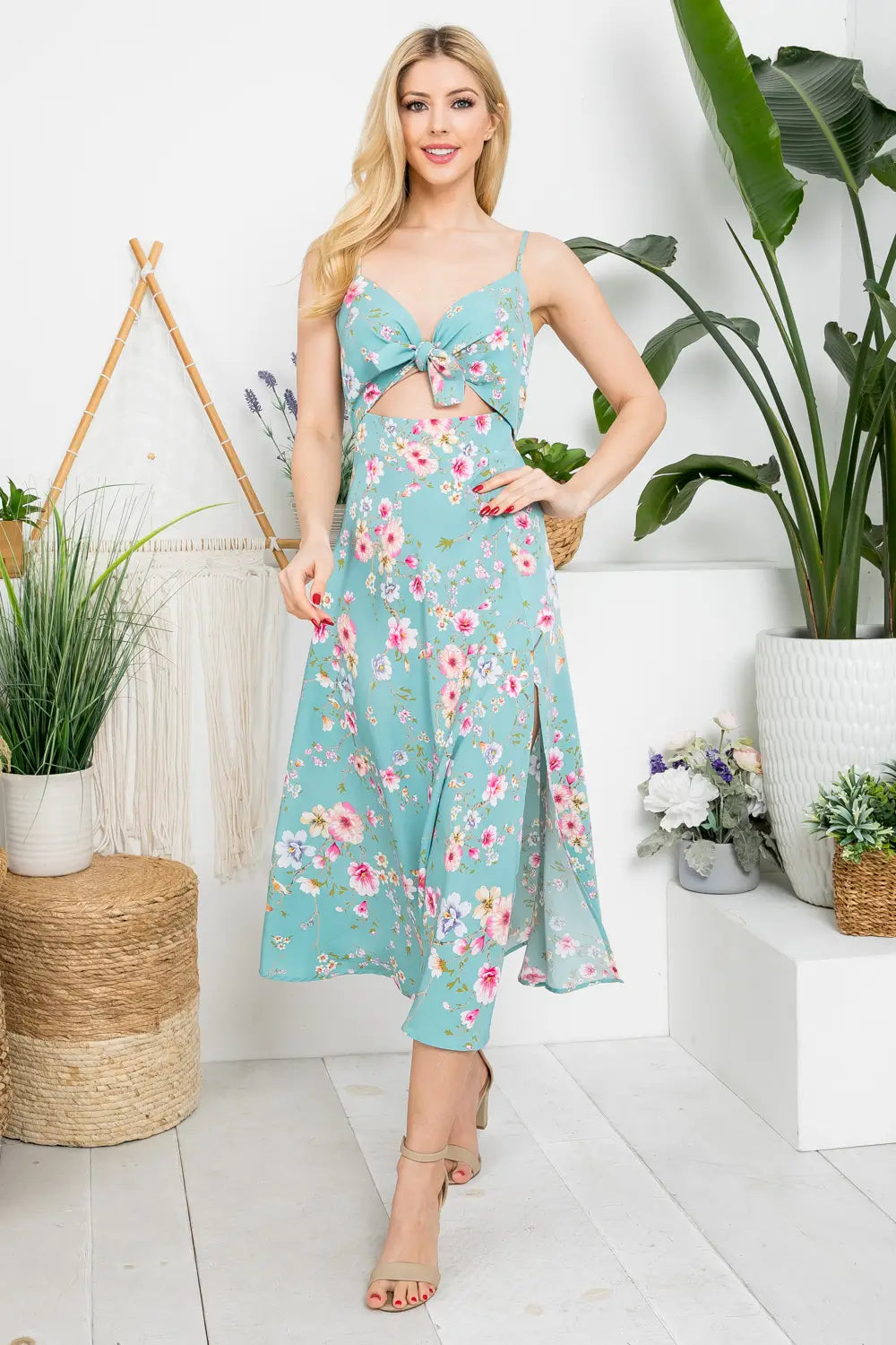 Blue Floral Dress With Cut-Out Tied Bodice-LA Soul-S/M-Urbanheer