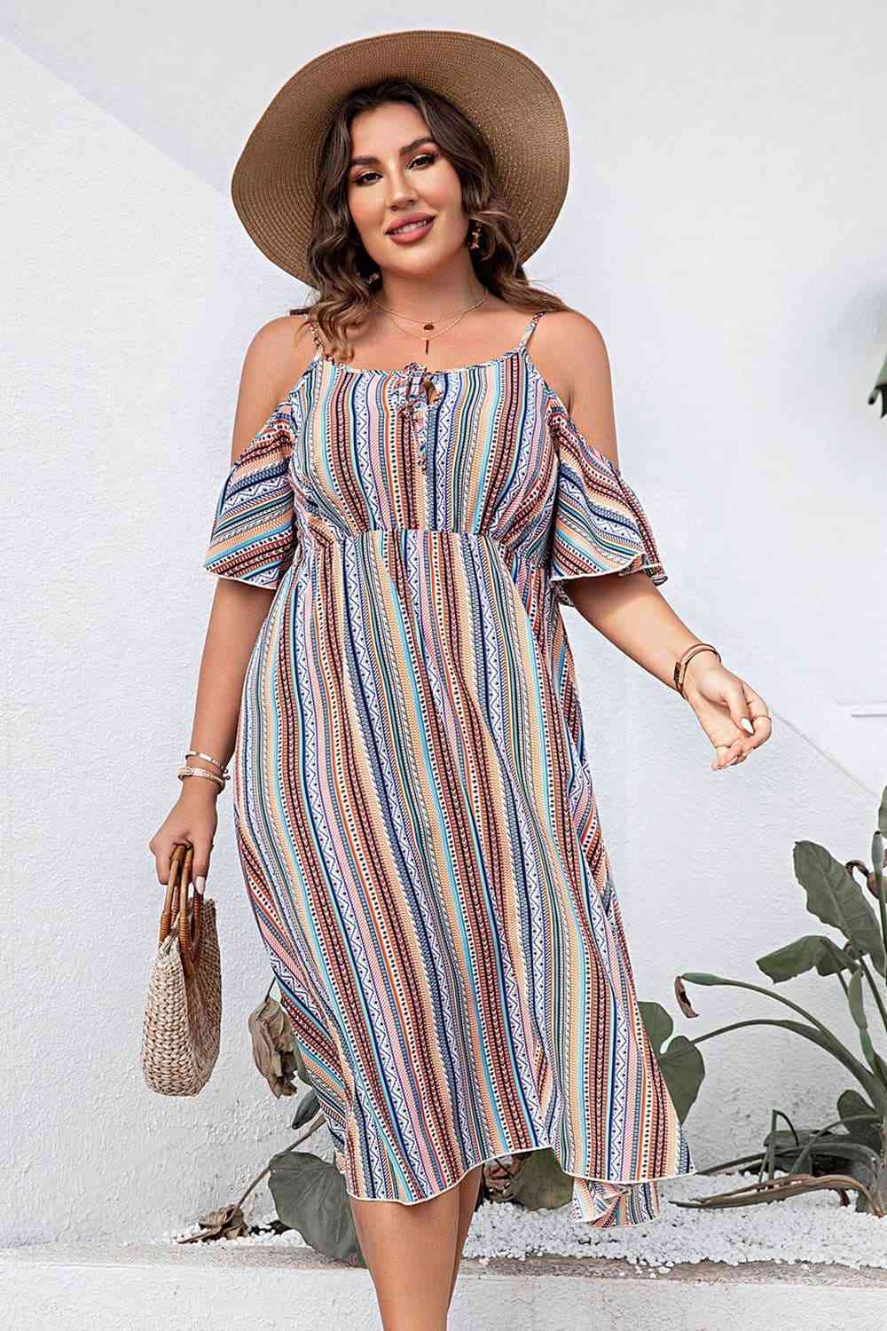 Plus Size Striped Cold-Shoulder Dress-Street 360-Multicolor-1XL-Urbanheer