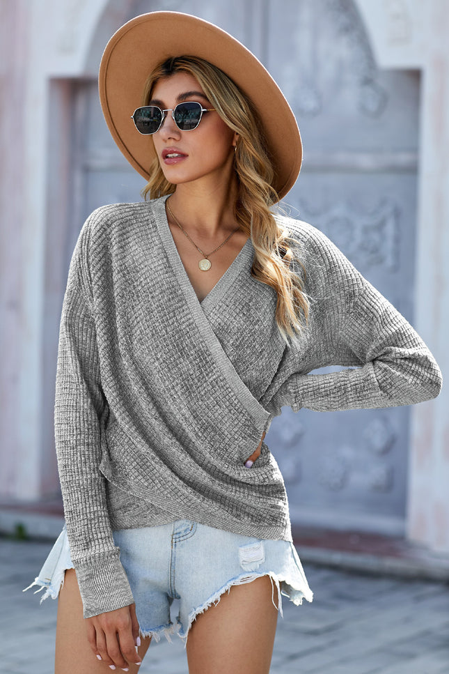 V Neck Wrap Front Knitted Top-UHX-Gray-S-Urbanheer