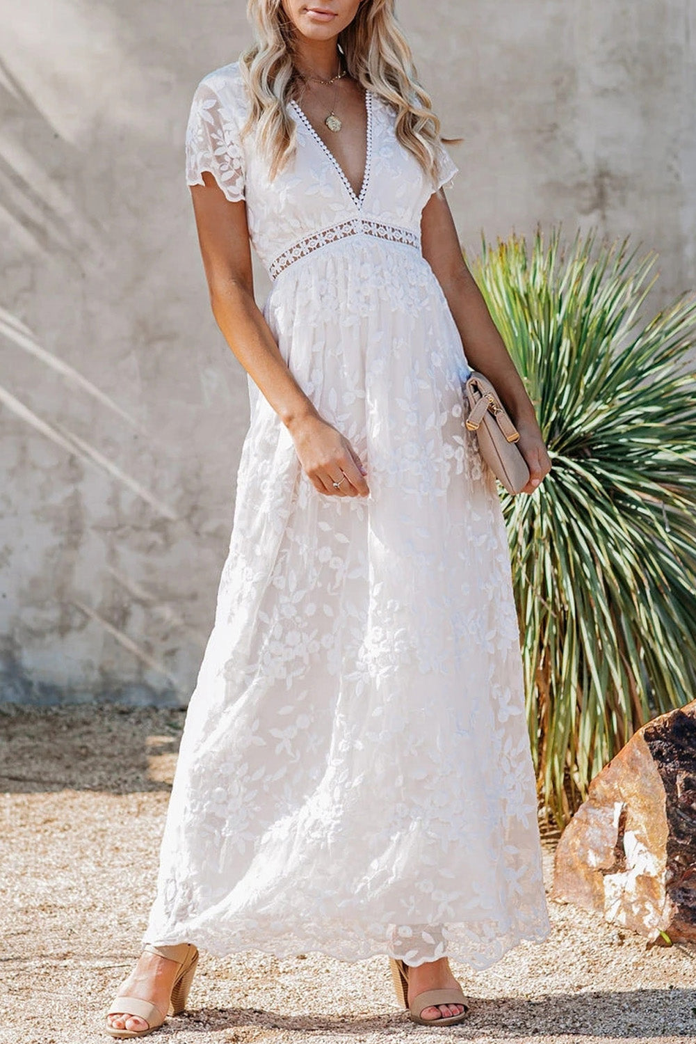 White V Neck Lace Maxi Dress-UHXC-White-(US 4-6)S-Urbanheer