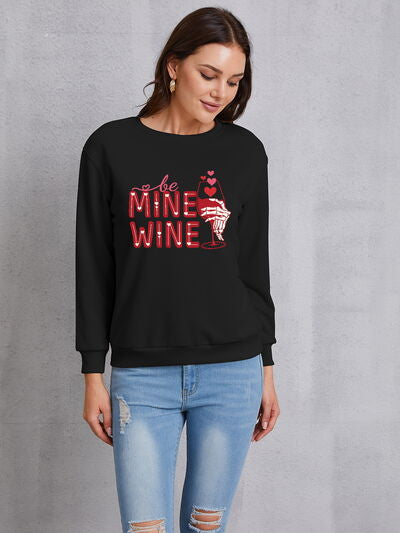 Be Mine Wine Round Neck Long Sleeve Sweatshirt-UHX-Black-S-Urbanheer