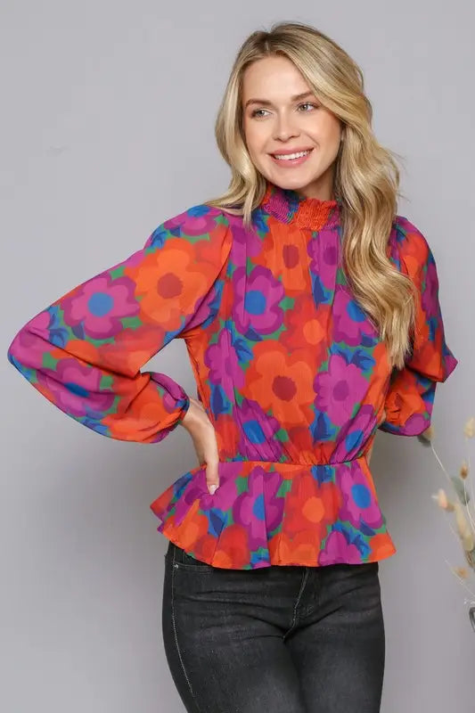 Abstract Flower Print Peplum Top-Peach Love California-S-Urbanheer
