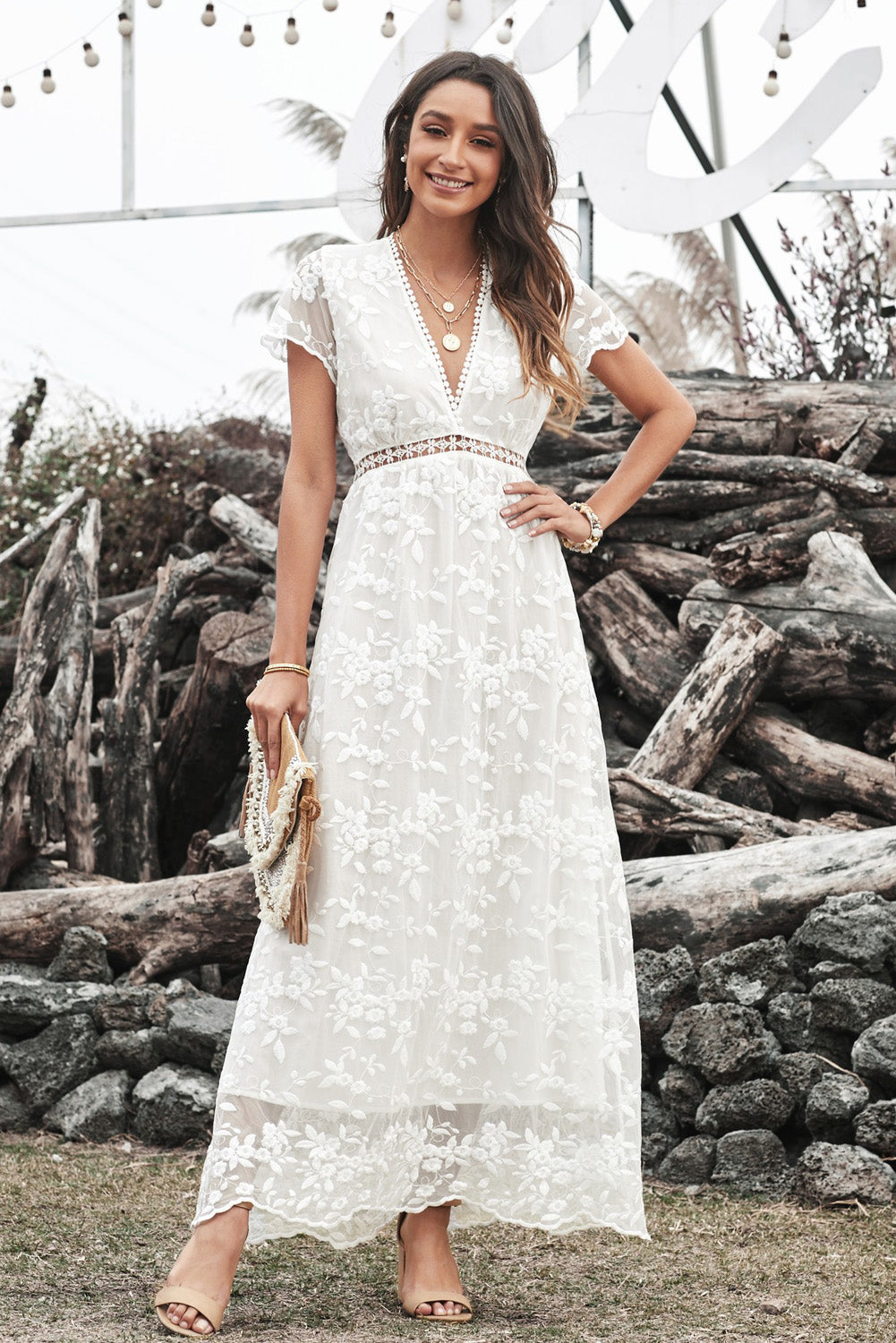 White V Neck Lace Maxi Dress-UHXC-White-(US 4-6)S-Urbanheer