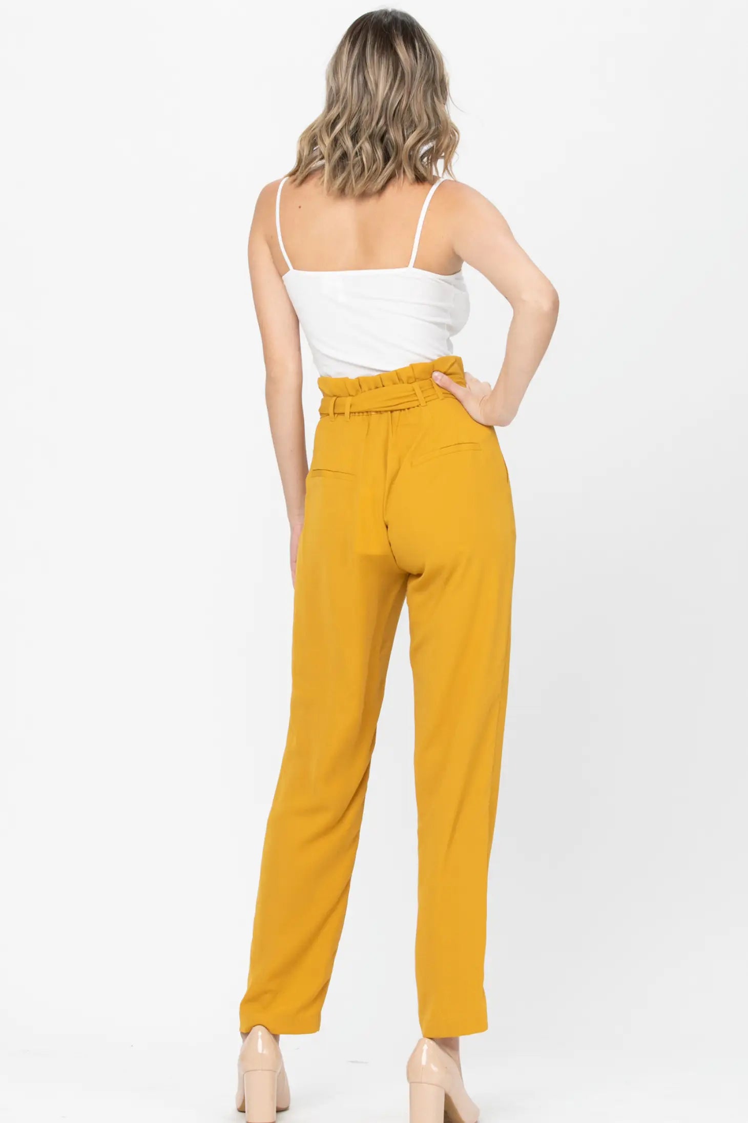 Belted Detail Straight Pants - Mustard-Neon Blush-S-Urbanheer