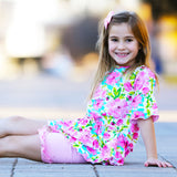 AnnLoren Little & Big Girls 3/4 Angel Sleeve Pink Green Big Floral Cotton Knit Ruffle Shirt
