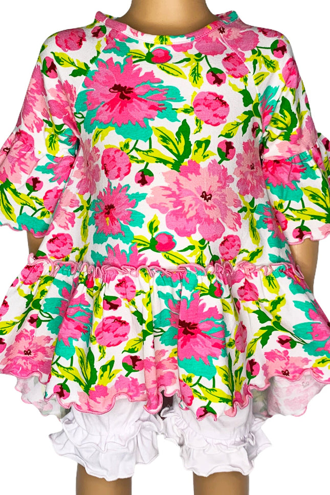 Annloren Little & Big Girls 3/4 Angel Sleeve Pink Green Big Floral Cotton Knit Ruffle Shirt