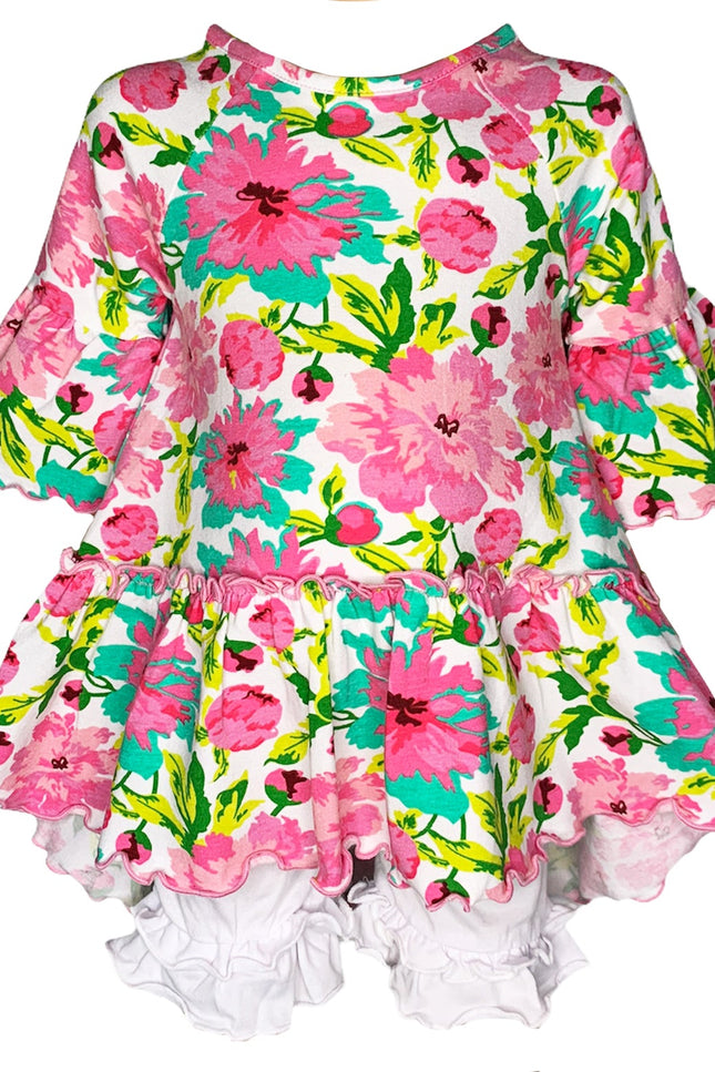 Annloren Little & Big Girls 3/4 Angel Sleeve Pink Green Big Floral Cotton Knit Ruffle Shirt
