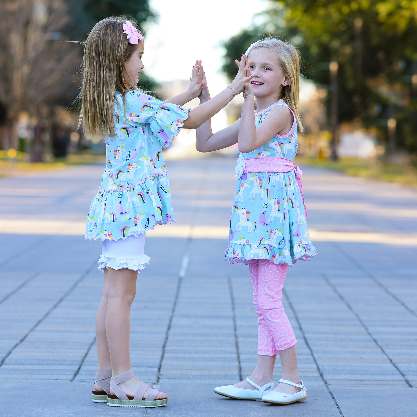 AnnLoren Little & Big Girls Unicorns Rainbow Dress & Pink Swirl Leggings Outfit