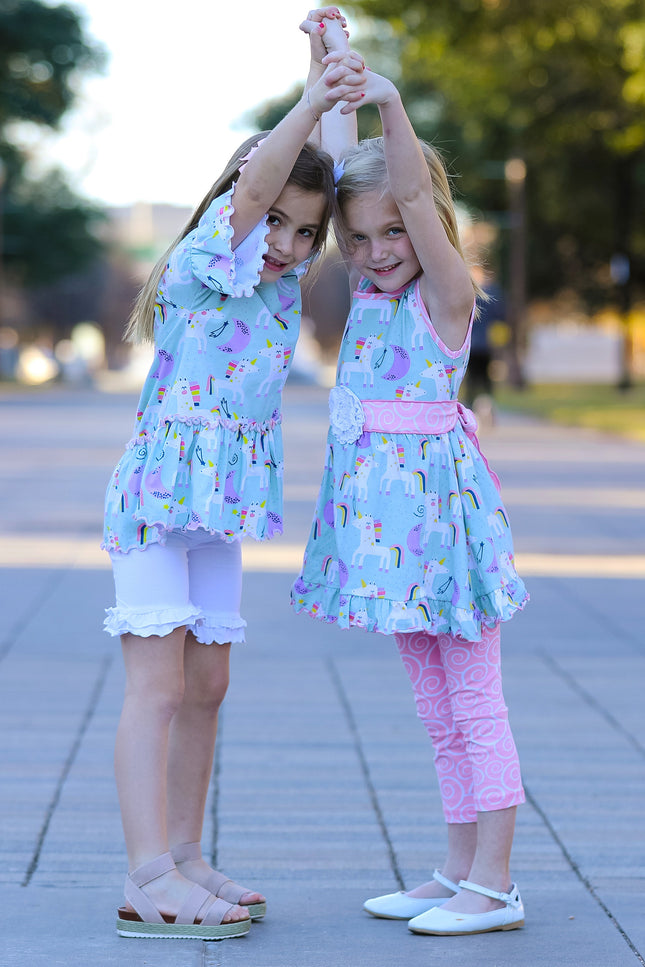 Annloren Little & Big Girls Unicorns Rainbow Dress & Pink Swirl Leggings Outfit