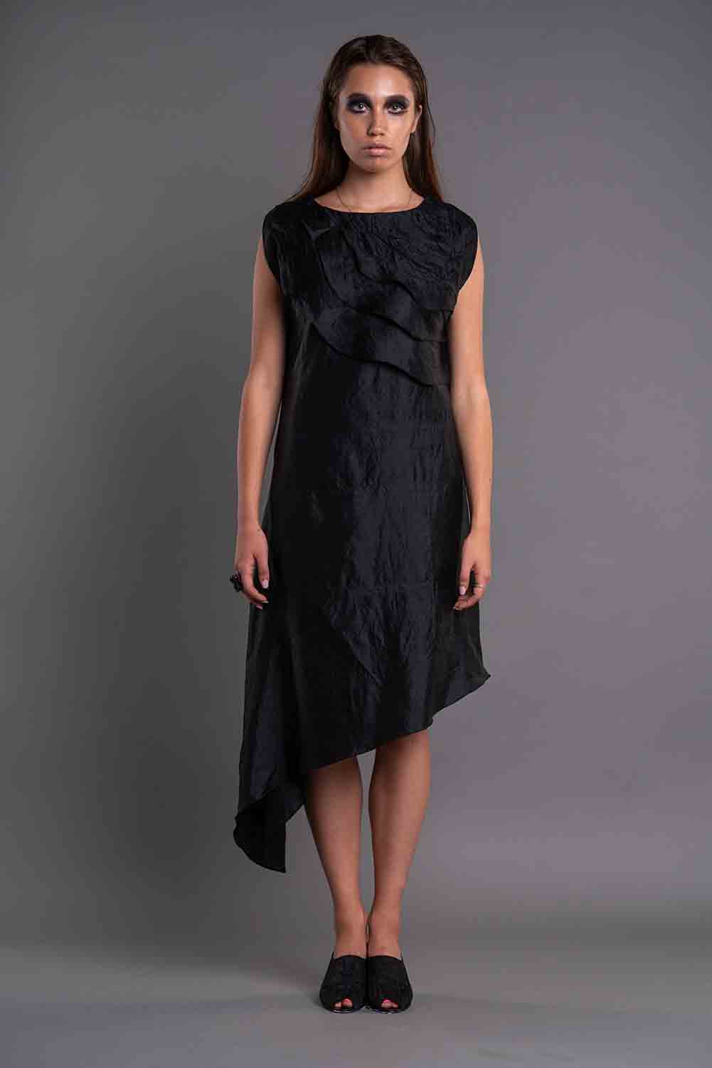 Asymmetrical Ruffled Dress-DAG DAI-XS-Black-Urbanheer