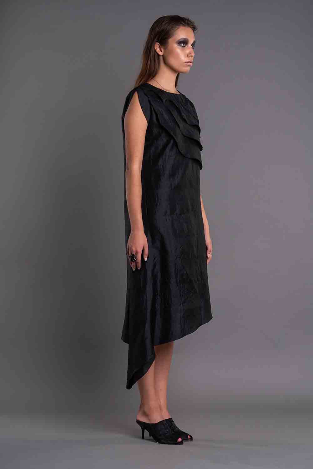 Asymmetrical Ruffled Dress-DAG DAI-XS-Black-Urbanheer