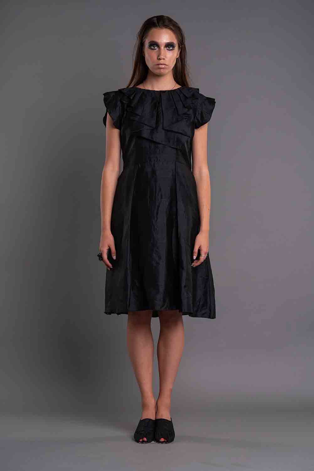 Neck Pleated Ruffled Dress-DAG DAI-XS-Black-Urbanheer