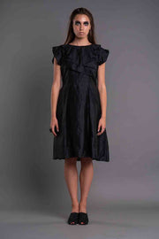 Neck Pleated Ruffled Dress-DAG DAI-XS-Black-Urbanheer