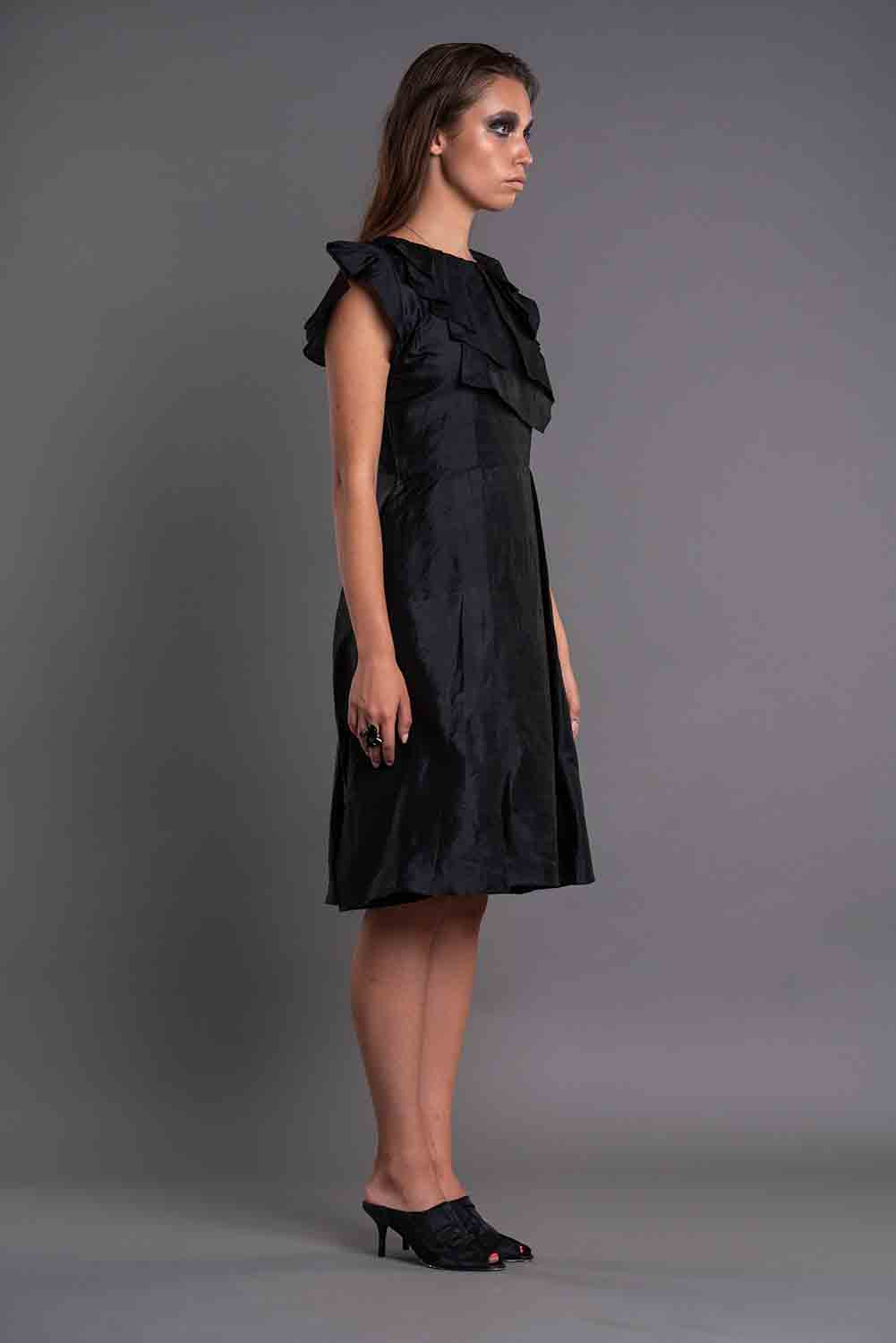 Neck Pleated Ruffled Dress-DAG DAI-XS-Black-Urbanheer