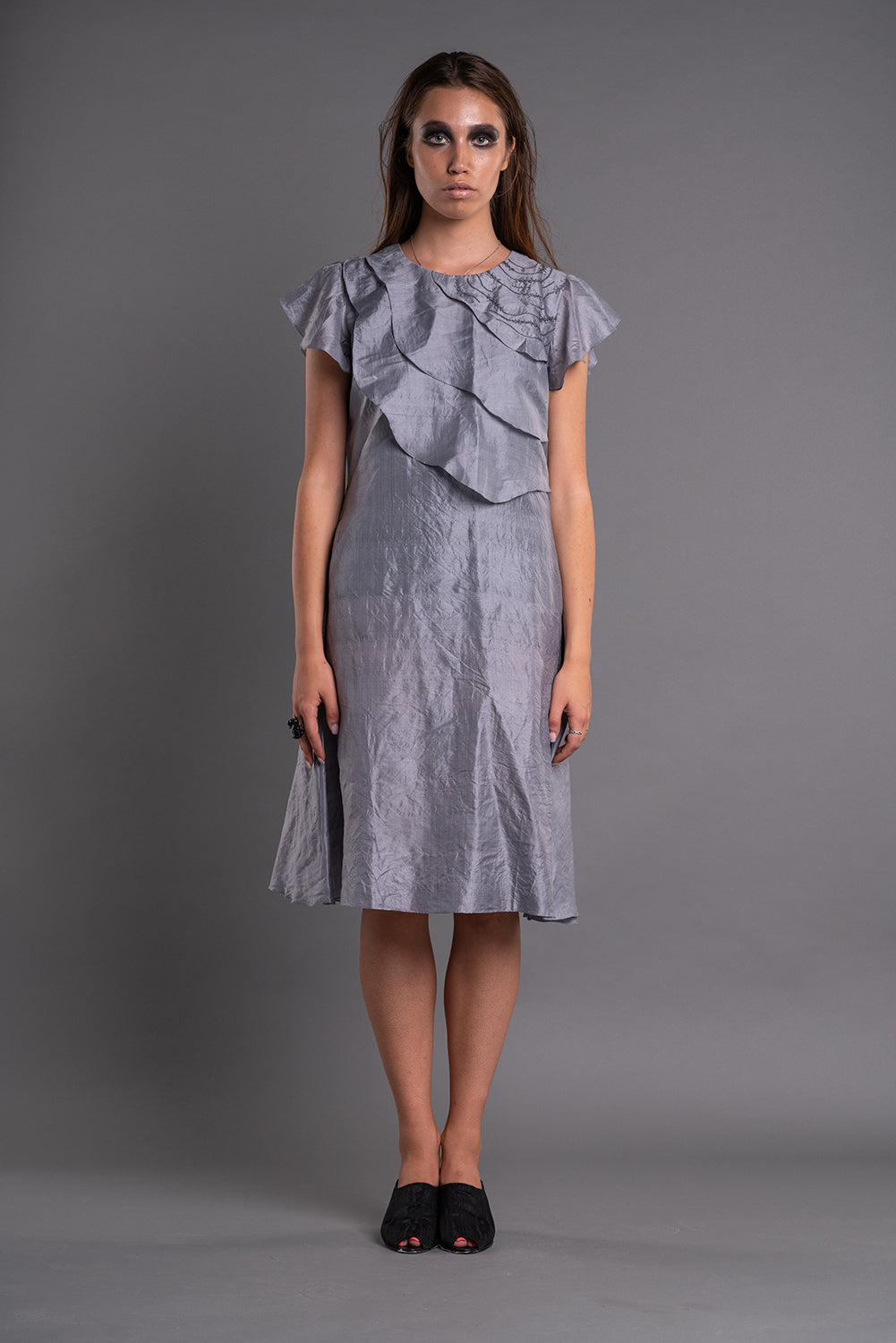 Side Ways Ruffle Dress-DAG DAI-XS-Grey-Urbanheer