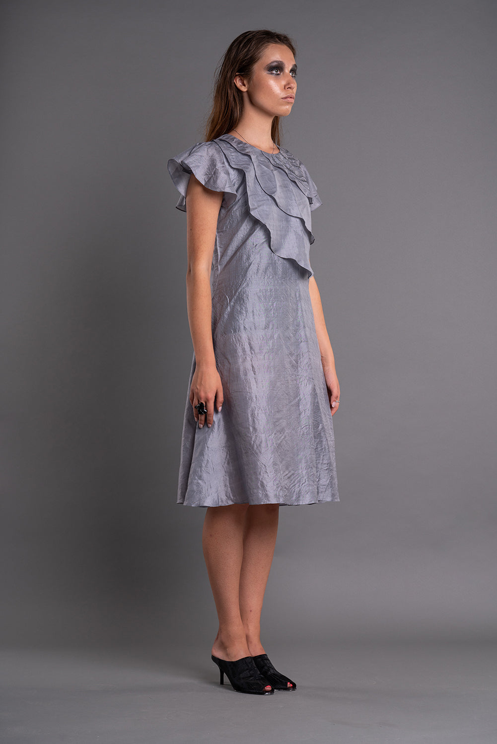 Side Ways Ruffle Dress-DAG DAI-XS-Grey-Urbanheer