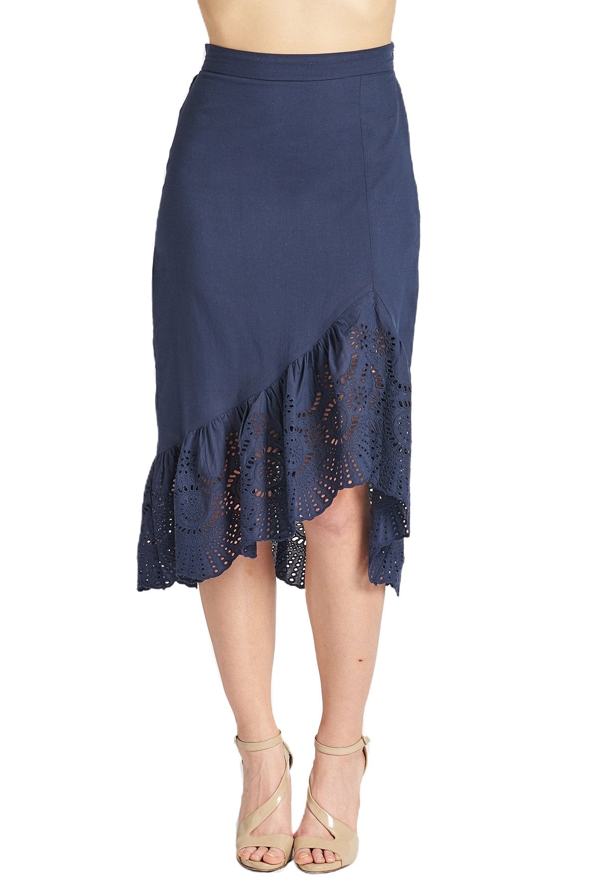 Aster Skirt - Cotton eyelet asymmetric hi-lo skirt (navy)-Peach Dionysus-L-Navy-Urbanheer