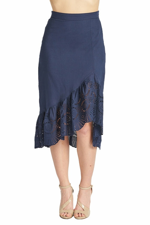 Aster Skirt - Cotton eyelet asymmetric hi-lo skirt (navy)-Peach Dionysus-L-Navy-Urbanheer