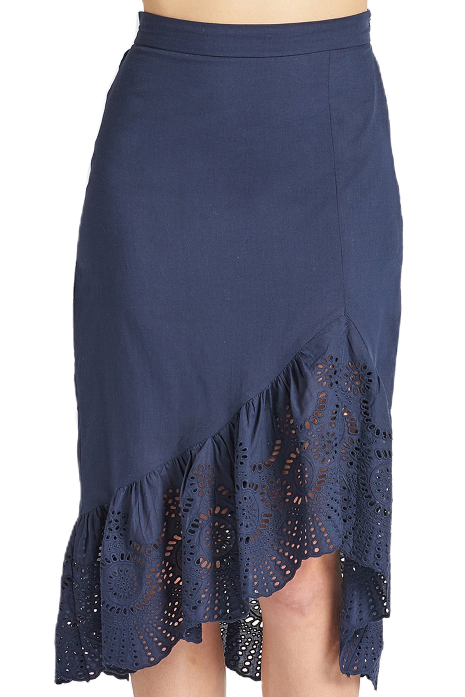 Aster Skirt - Cotton eyelet asymmetric hi-lo skirt (navy)-Peach Dionysus-L-Navy-Urbanheer