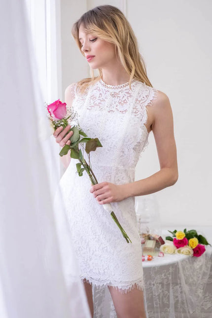 Lace Trim Mini Dress - White