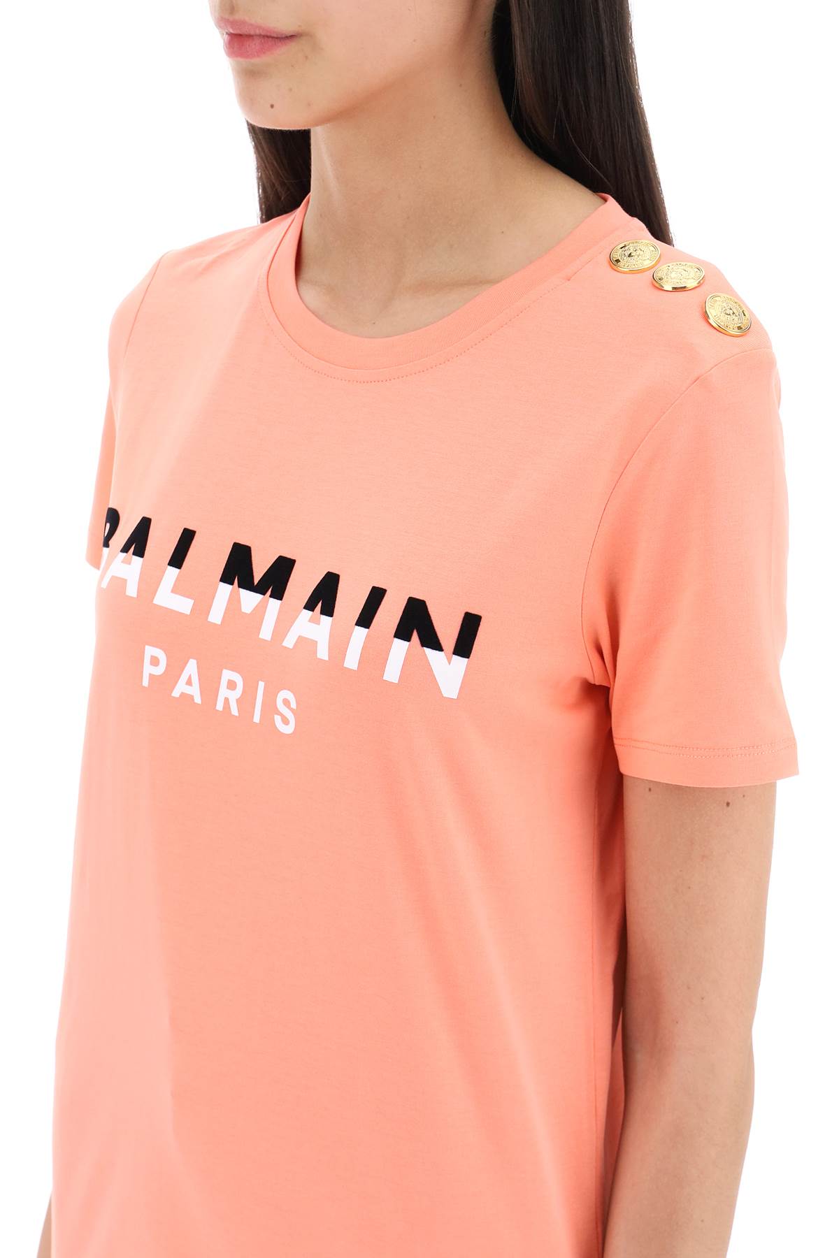 Balmain T-Shirt With Flocked Print And Gold-Tone Buttons-Balmain-M-Urbanheer