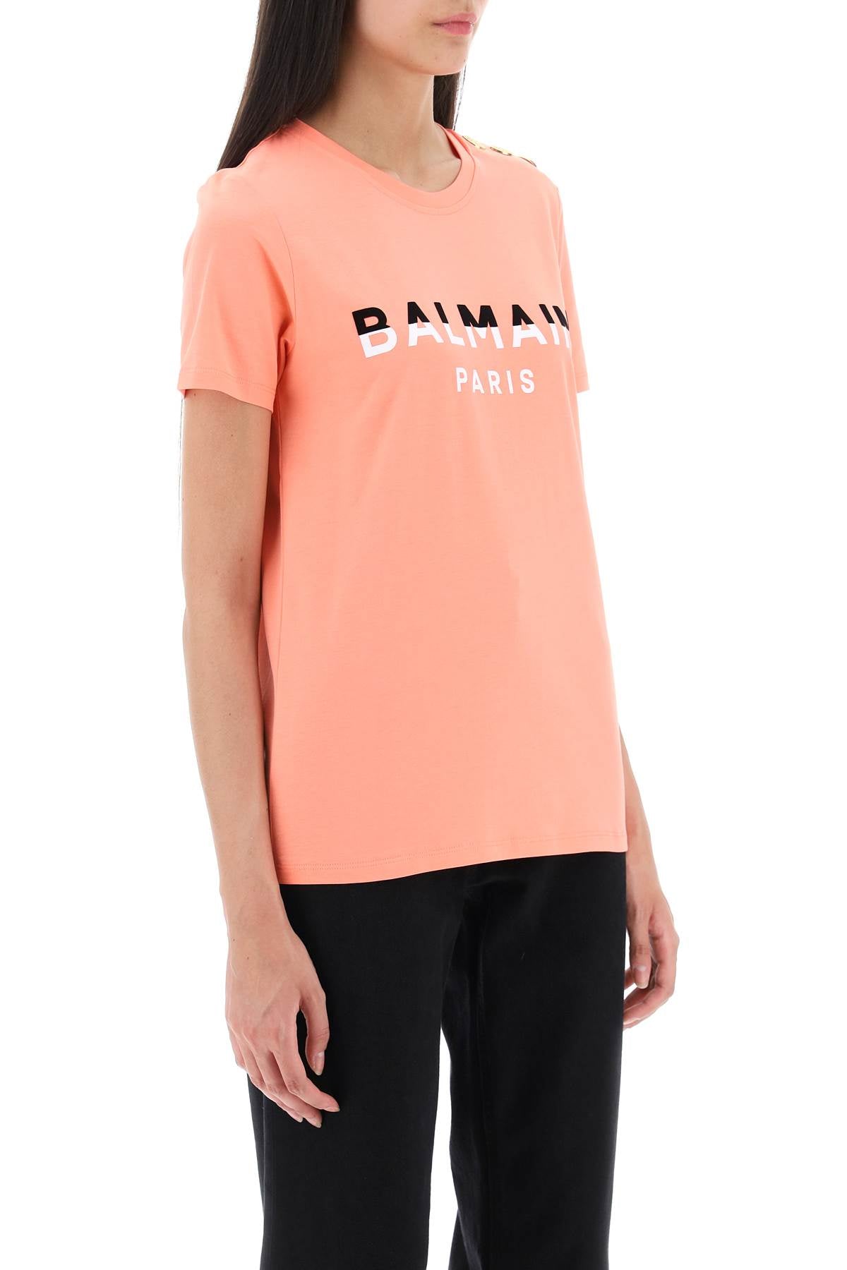 Balmain T-Shirt With Flocked Print And Gold-Tone Buttons-Balmain-M-Urbanheer