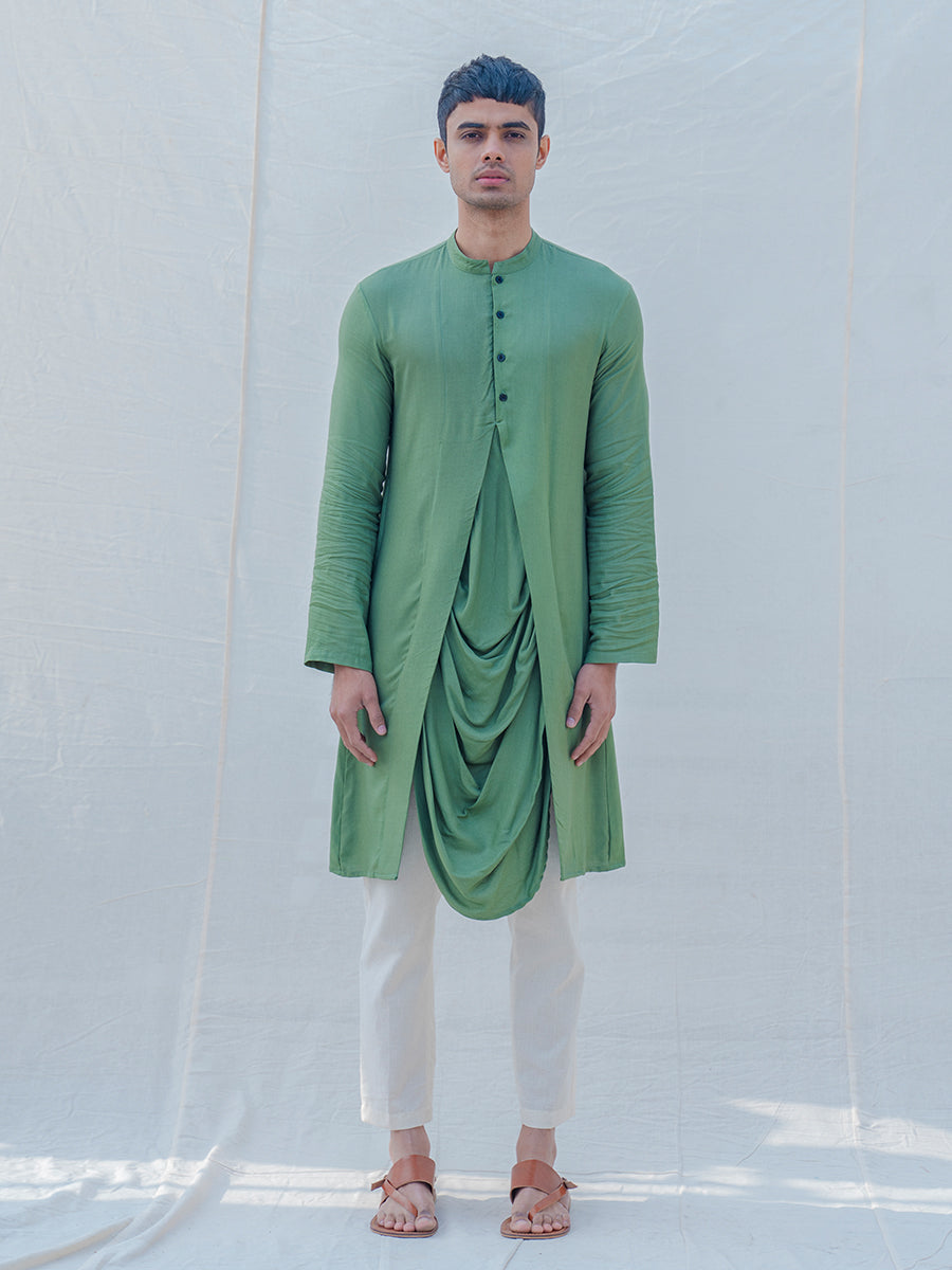 Cotton X Rayon Green Cowl Kurta-Bohame-XS-Green-5' - 5'3"-Urbanheer