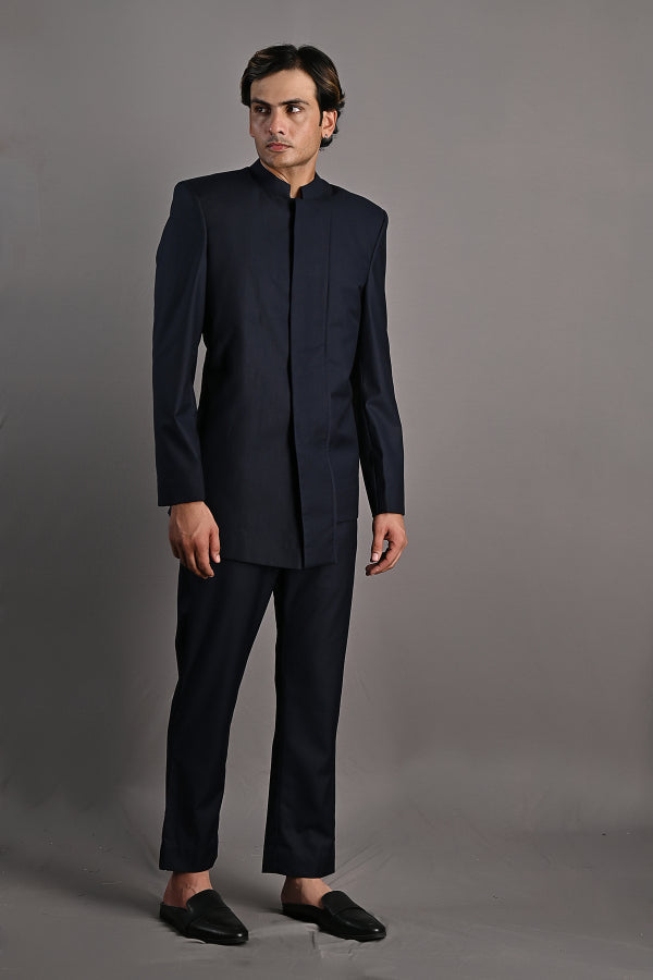 Waylon - Navy Blue Asymmetric Bandhgala Jacket Set-Suits-Bohame-XS-5'-5'4"-Navy Blue-Urbanheer