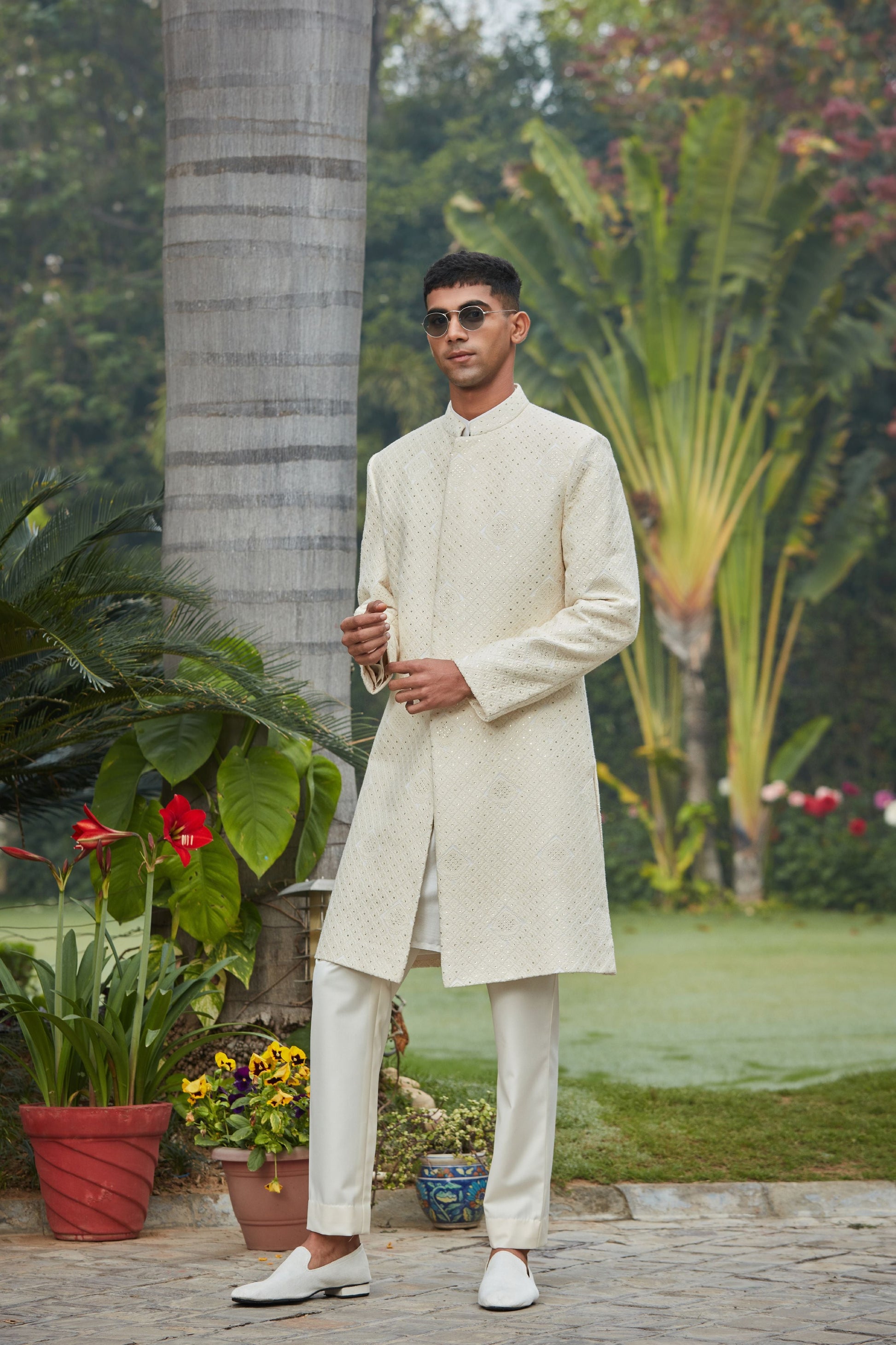 Adyat - Chikankari Achkan Jacket Set-Bohame-XS-5'-5'4"-Cream-Urbanheer