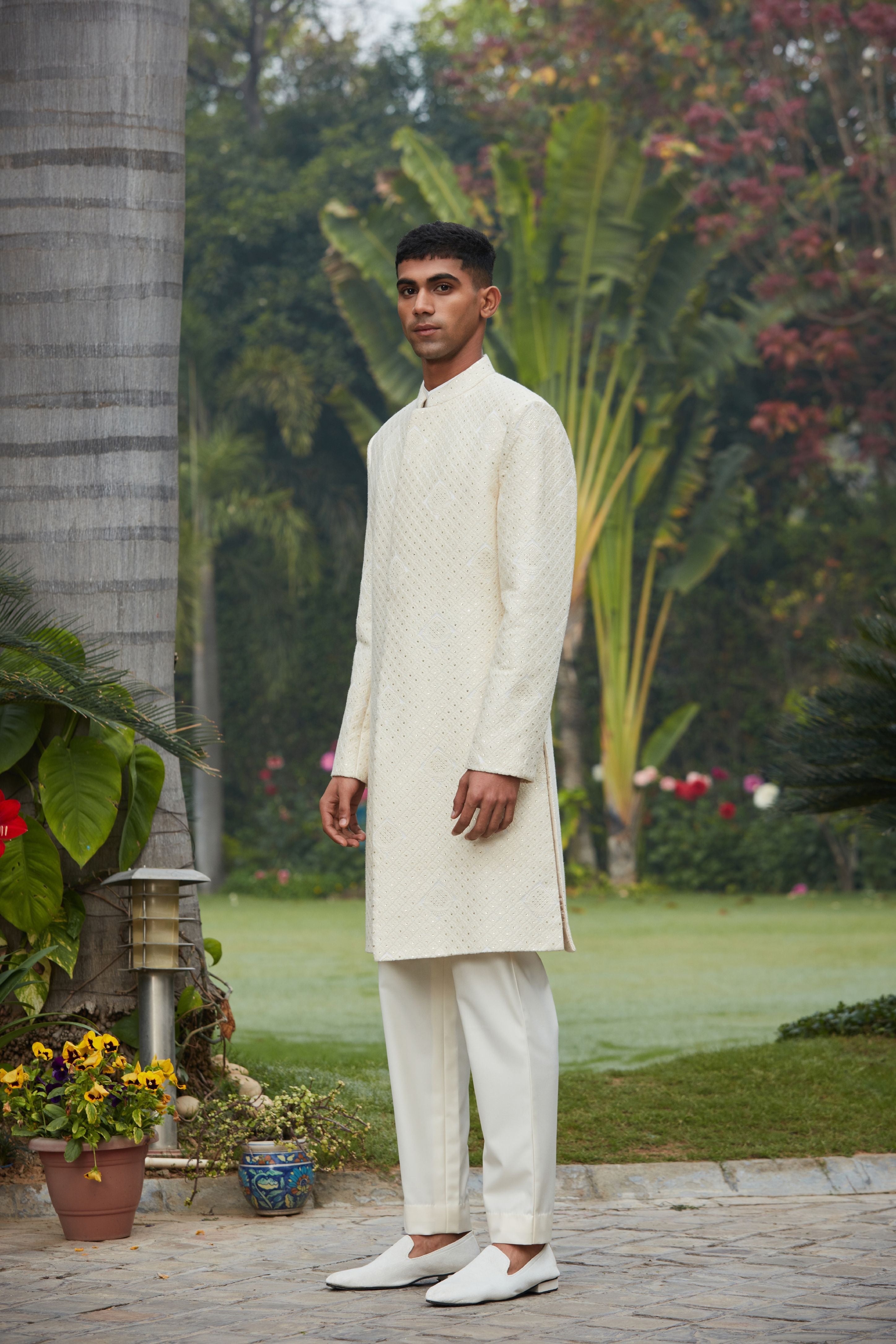 Adyat - Chikankari Achkan Jacket Set-Bohame-XS-5'-5'4"-Cream-Urbanheer