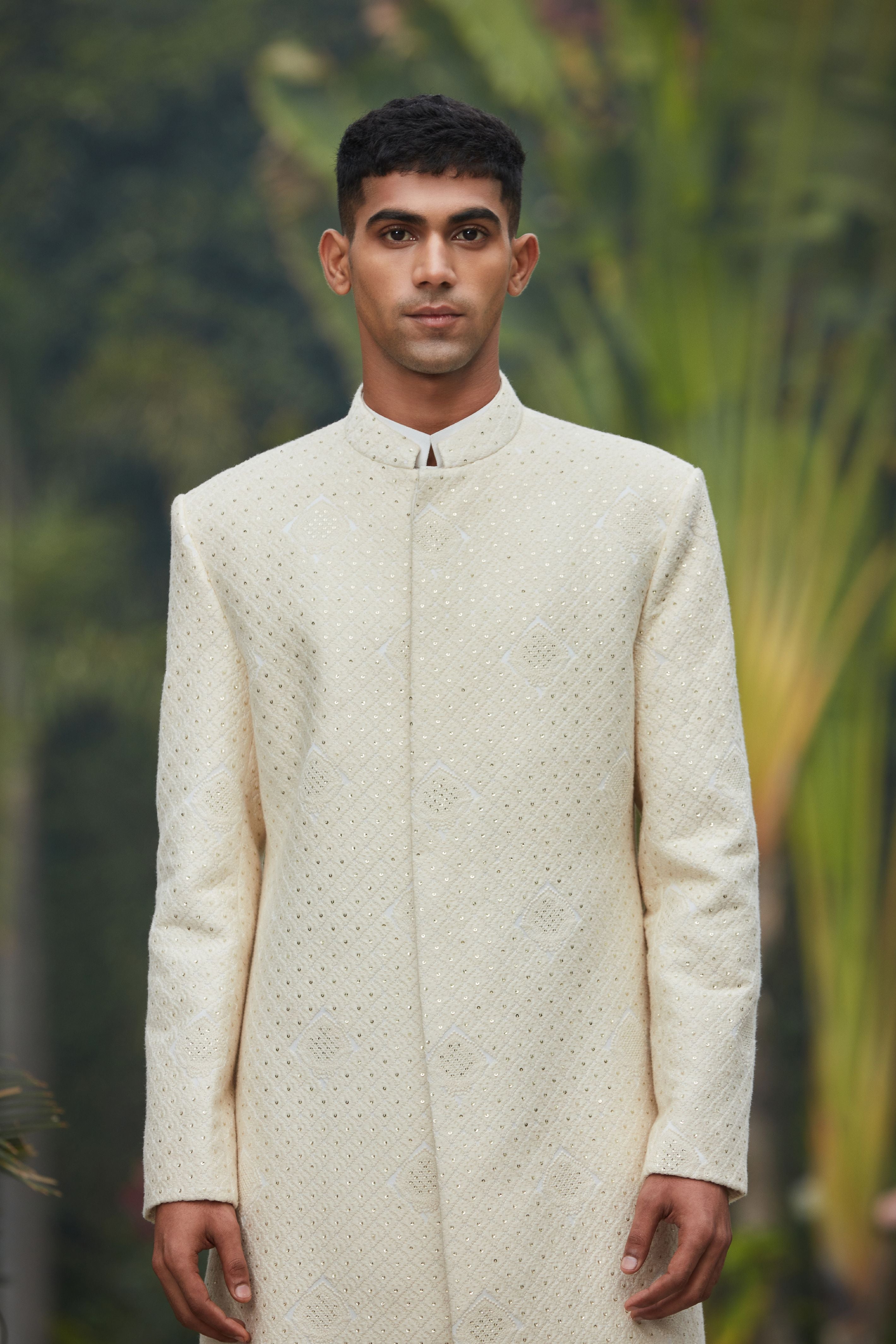 Adyat - Chikankari Achkan Jacket Set-Bohame-XS-5'-5'4"-Cream-Urbanheer