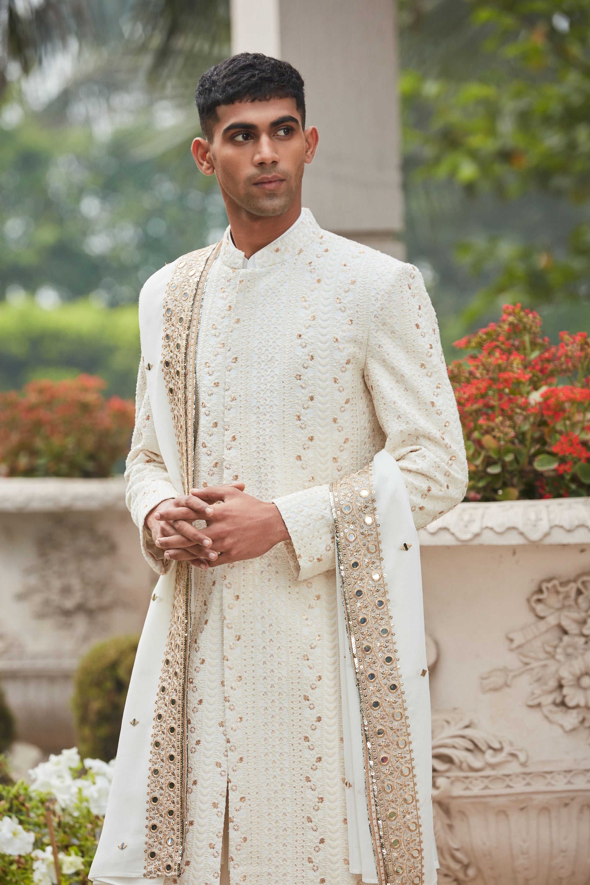 Rudra - Chikankari Achkan Jacket Set-Bohame-XS-5'-5'4"-Off White-Urbanheer