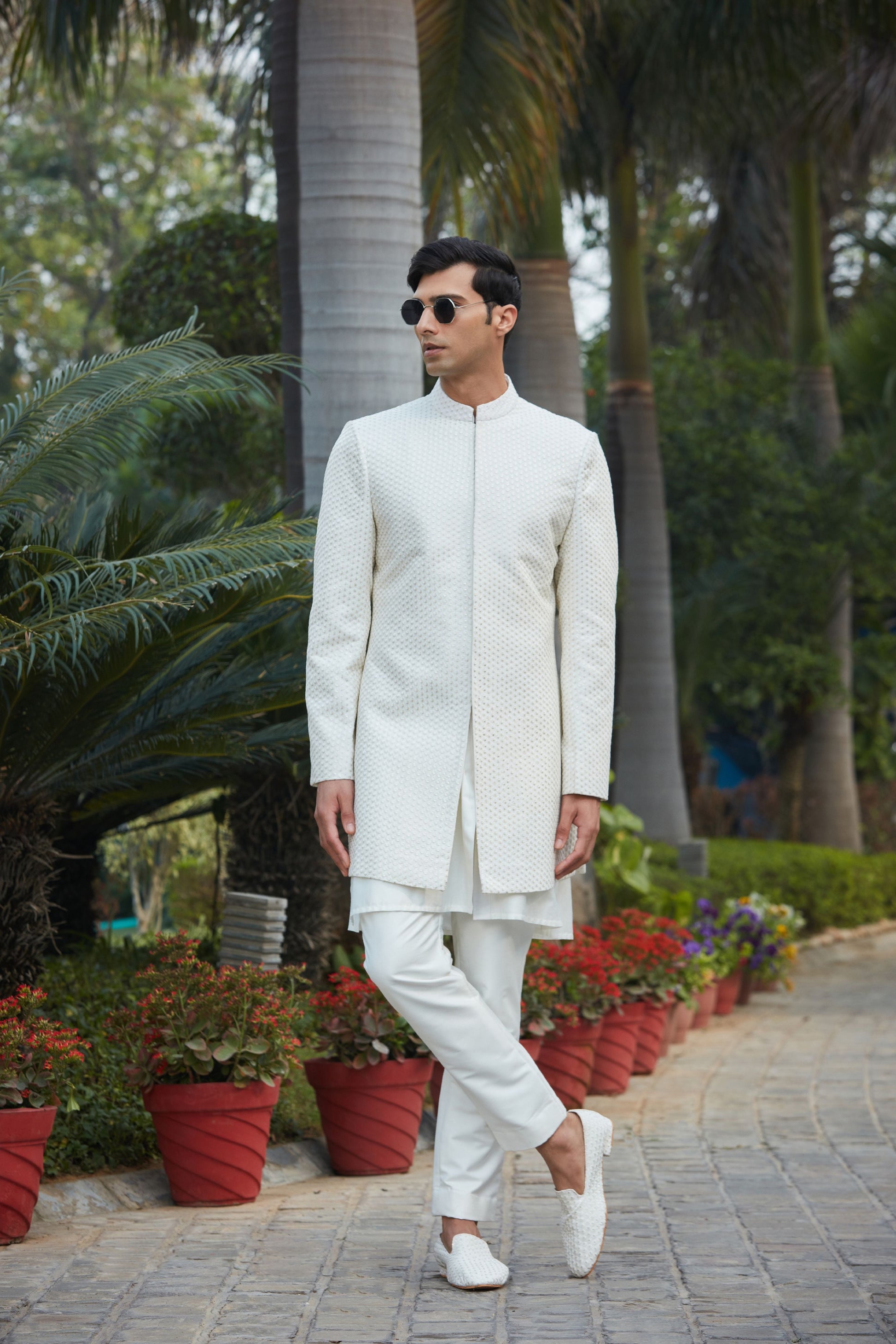 Raksa - Chikankari Achkan Jacket Set-Bohame-XS-5'-5'4"-Off White-Urbanheer