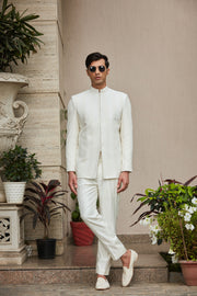 Parvana - Off White Chikankari Bandhgala Jacket Set-Bandgala-Bohame-XS-5'-5'4"-Off White-Urbanheer