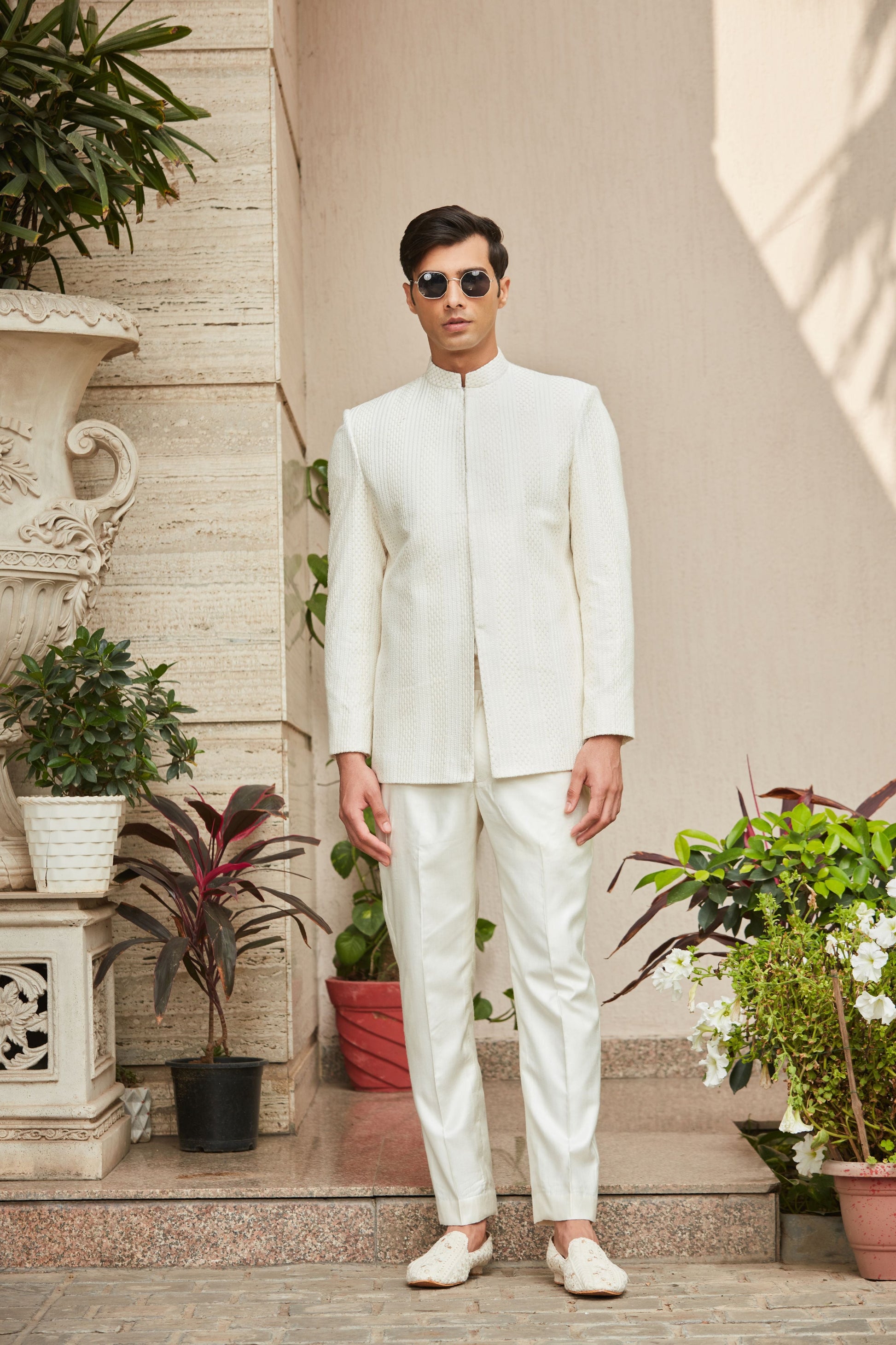 Parvana - Off White Chikankari Bandhgala Jacket Set-Bandgala-Bohame-XS-5'-5'4"-Off White-Urbanheer