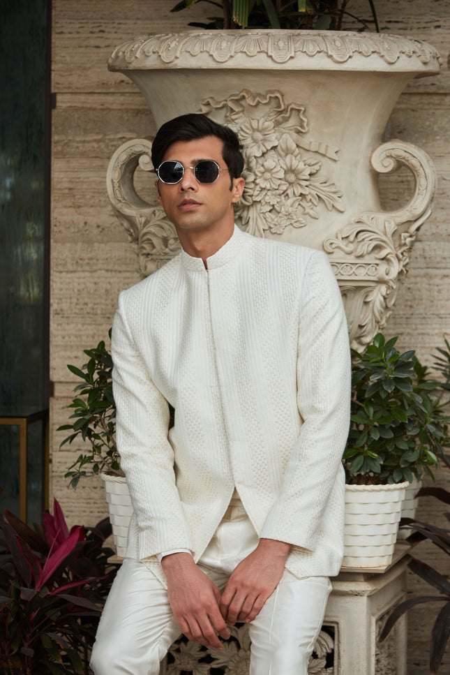Parvana - Off White Chikankari Bandhgala Jacket Set-Bandgala-Bohame-XS-5'-5'4"-Off White-Urbanheer
