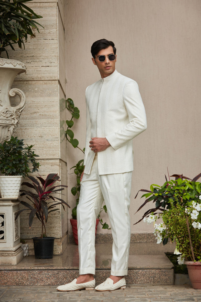 Parvana - Off White Chikankari Bandhgala Jacket Set-Bandgala-Bohame-XS-5'-5'4"-Off White-Urbanheer