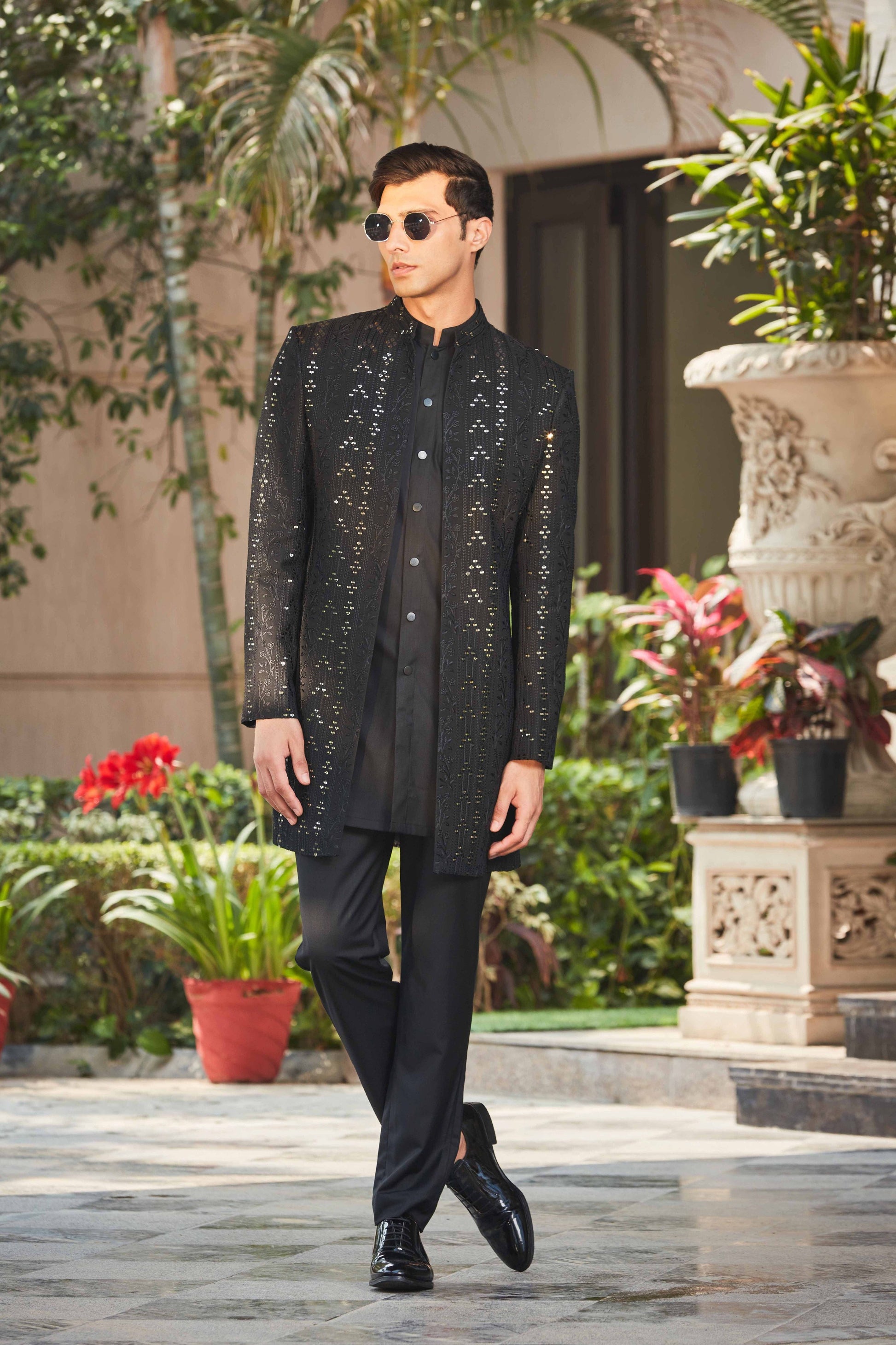 Niruha - Black Chikankari Open Jacket Set-Bohame-XS-5'-5'4"-Black-Urbanheer