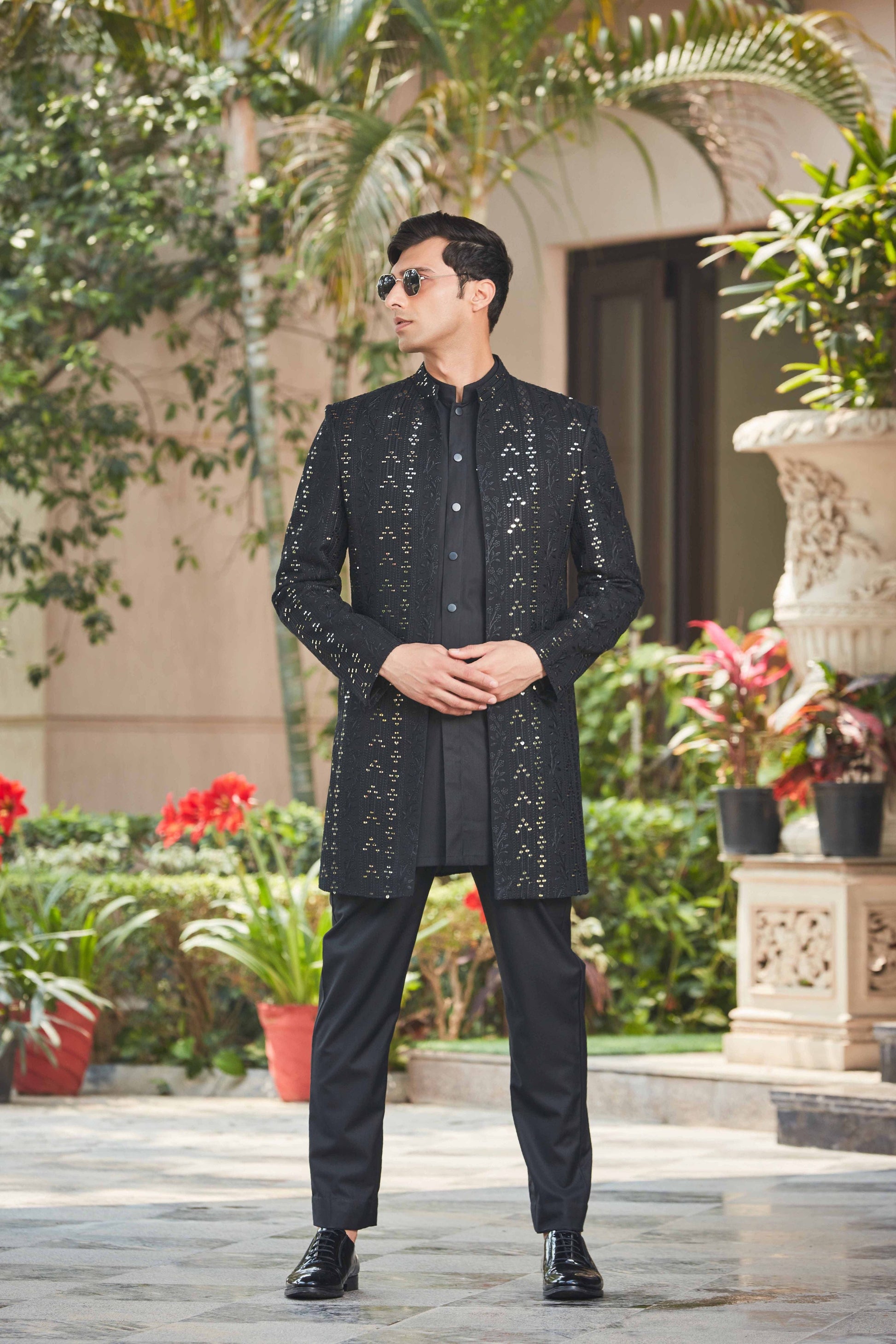 Niruha - Black Chikankari Open Jacket Set-Bohame-XS-5'-5'4"-Black-Urbanheer