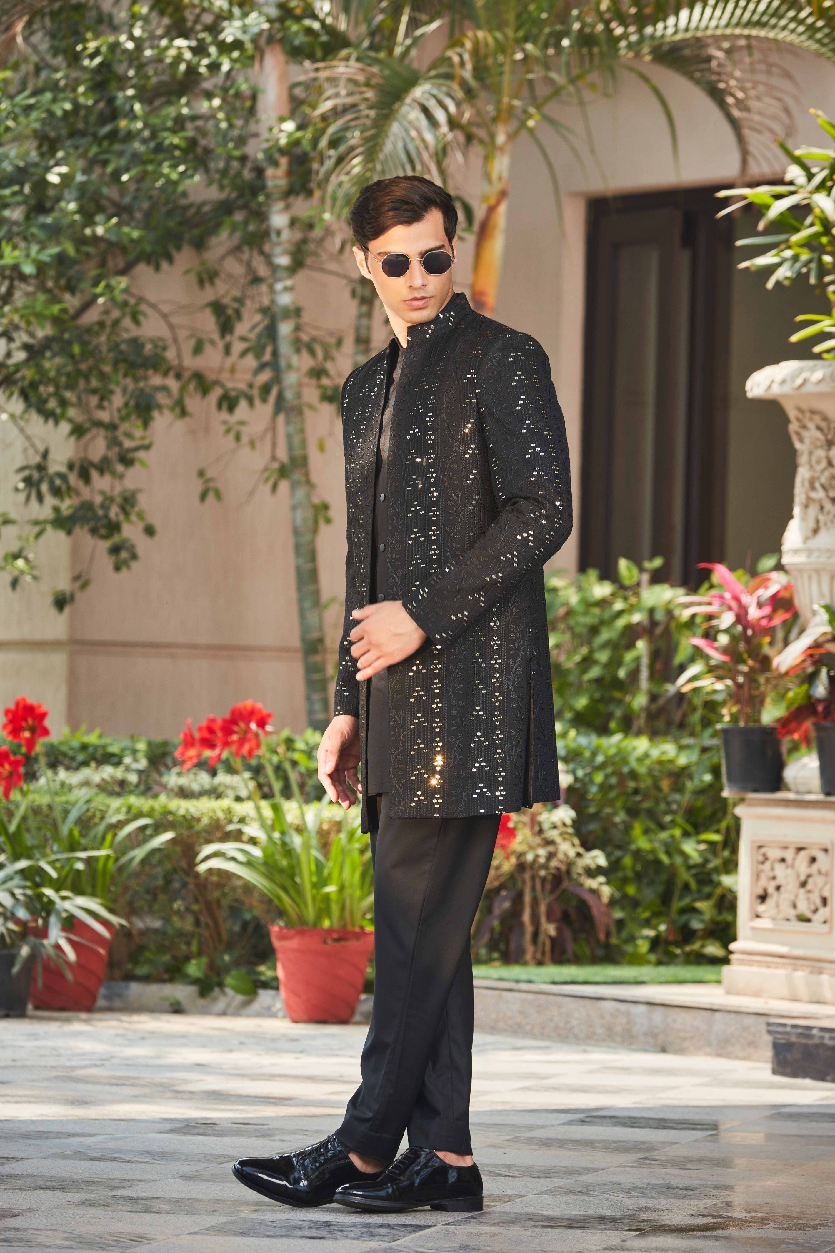 Niruha - Black Chikankari Open Jacket Set-Bohame-XS-5'-5'4"-Black-Urbanheer