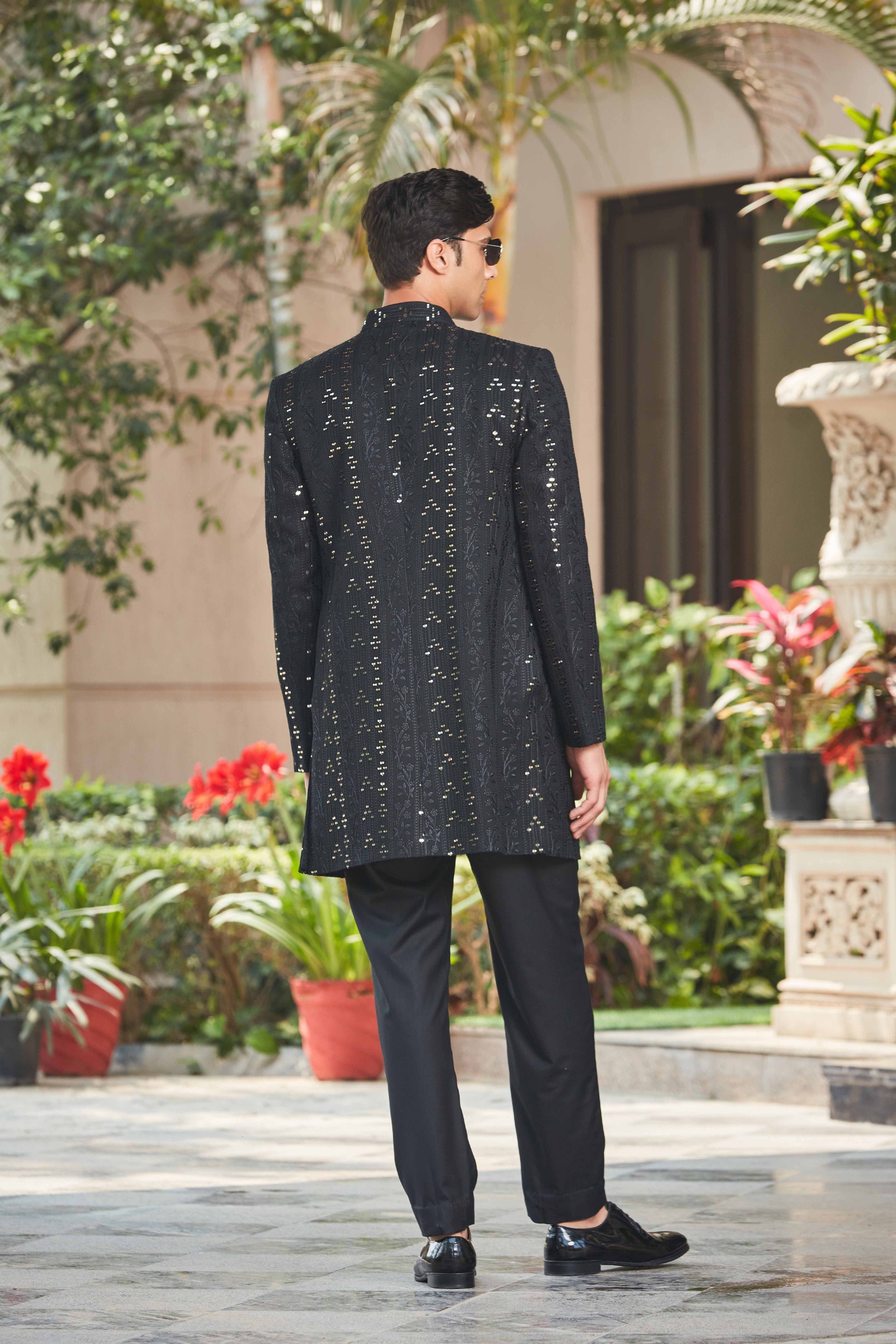 Niruha - Black Chikankari Open Jacket Set-Bohame-XS-5'-5'4"-Black-Urbanheer