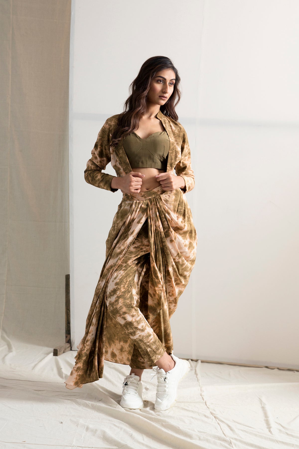 Jemina - Tie & Dye Jacket With Draped Pant & Bustier-Concept Sari-Bohame-XS-5'-5'4"-Urbanheer