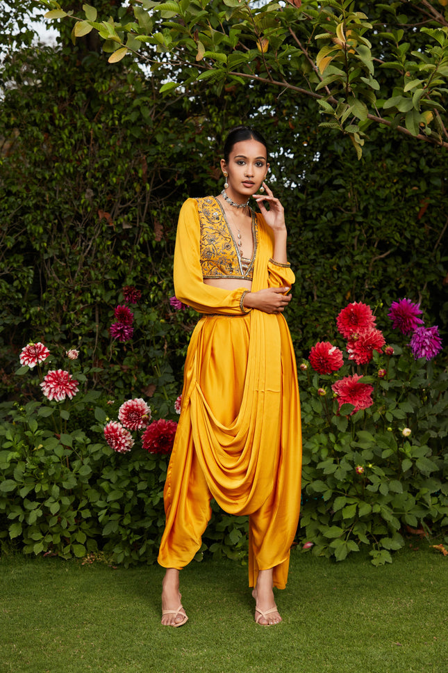Anisa- Mustard Embroidered Concept Saree-Concept Sari-Bohame-XS-4'8"-5'2"-Mustard-Urbanheer