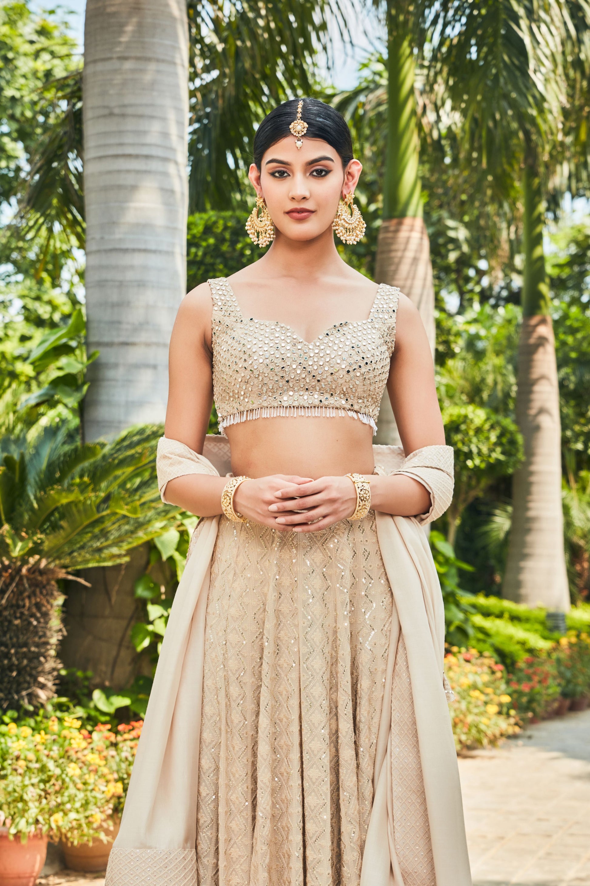 Myra- Beige Embroidered Chikankari Lehenga Set-Lehenga Set-Bohame-XS-4'8"-5'2"-Beige-Urbanheer