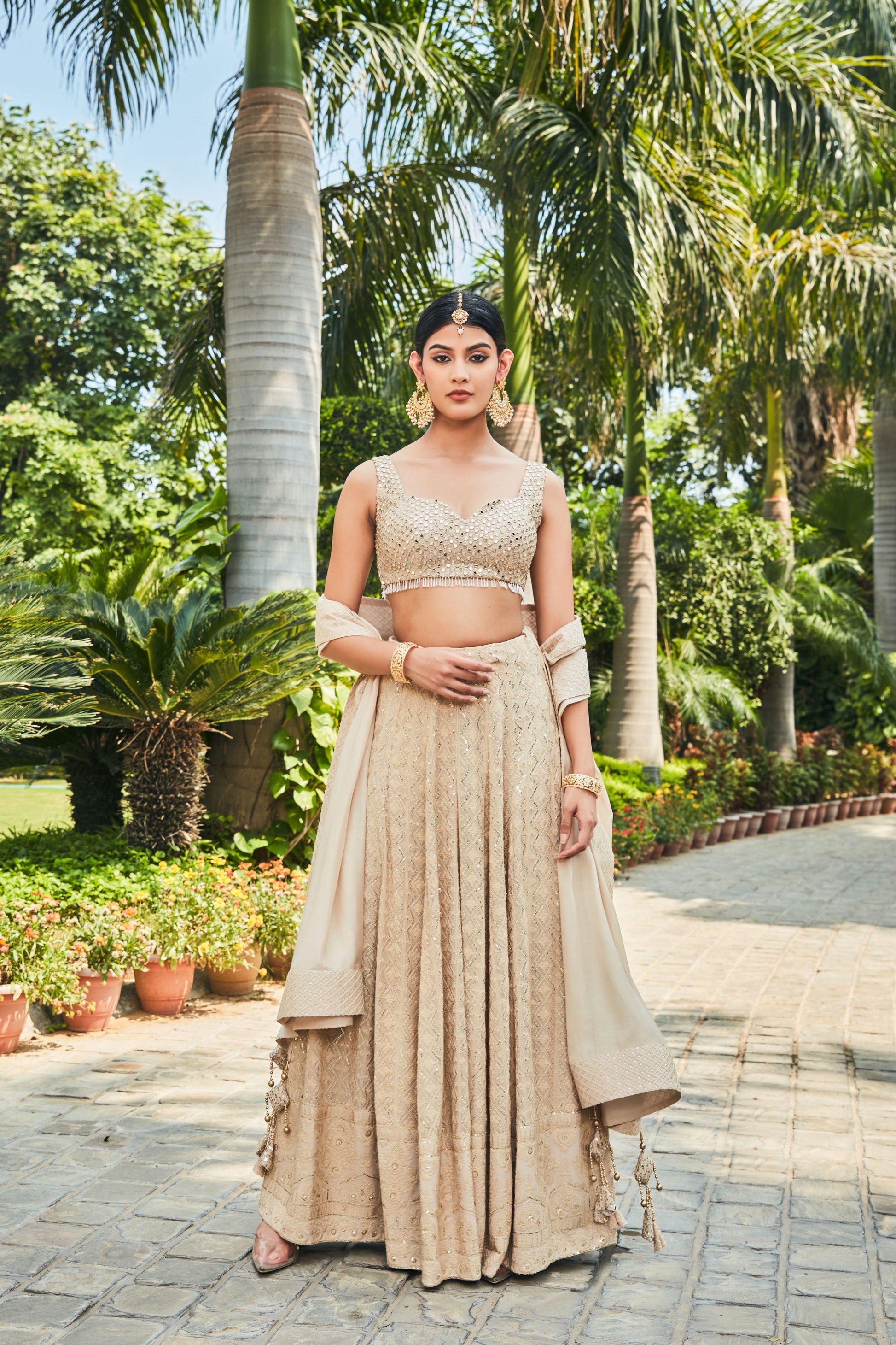 Myra- Beige Embroidered Chikankari Lehenga Set-Lehenga Set-Bohame-XS-4'8"-5'2"-Beige-Urbanheer