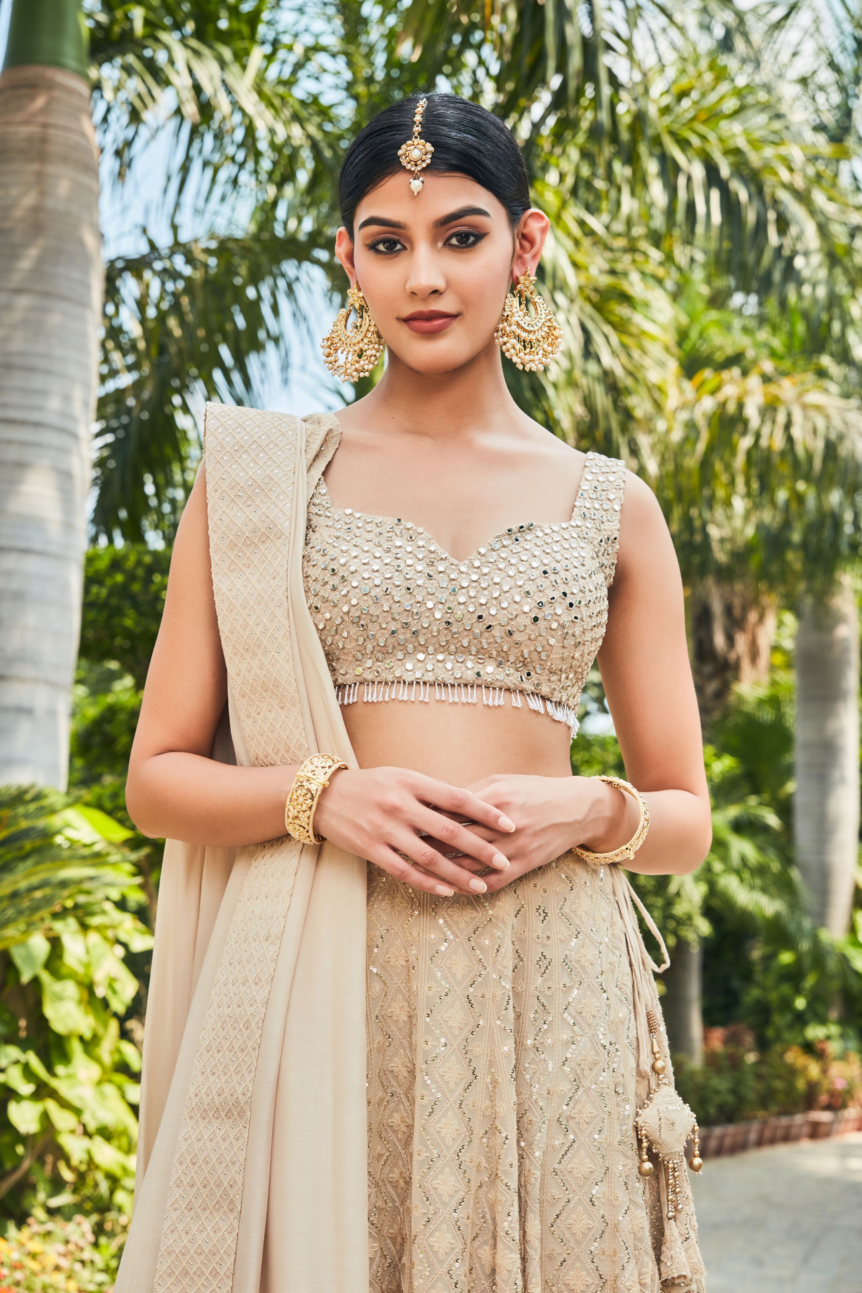 Myra- Beige Embroidered Chikankari Lehenga Set-Lehenga Set-Bohame-XS-4'8"-5'2"-Beige-Urbanheer