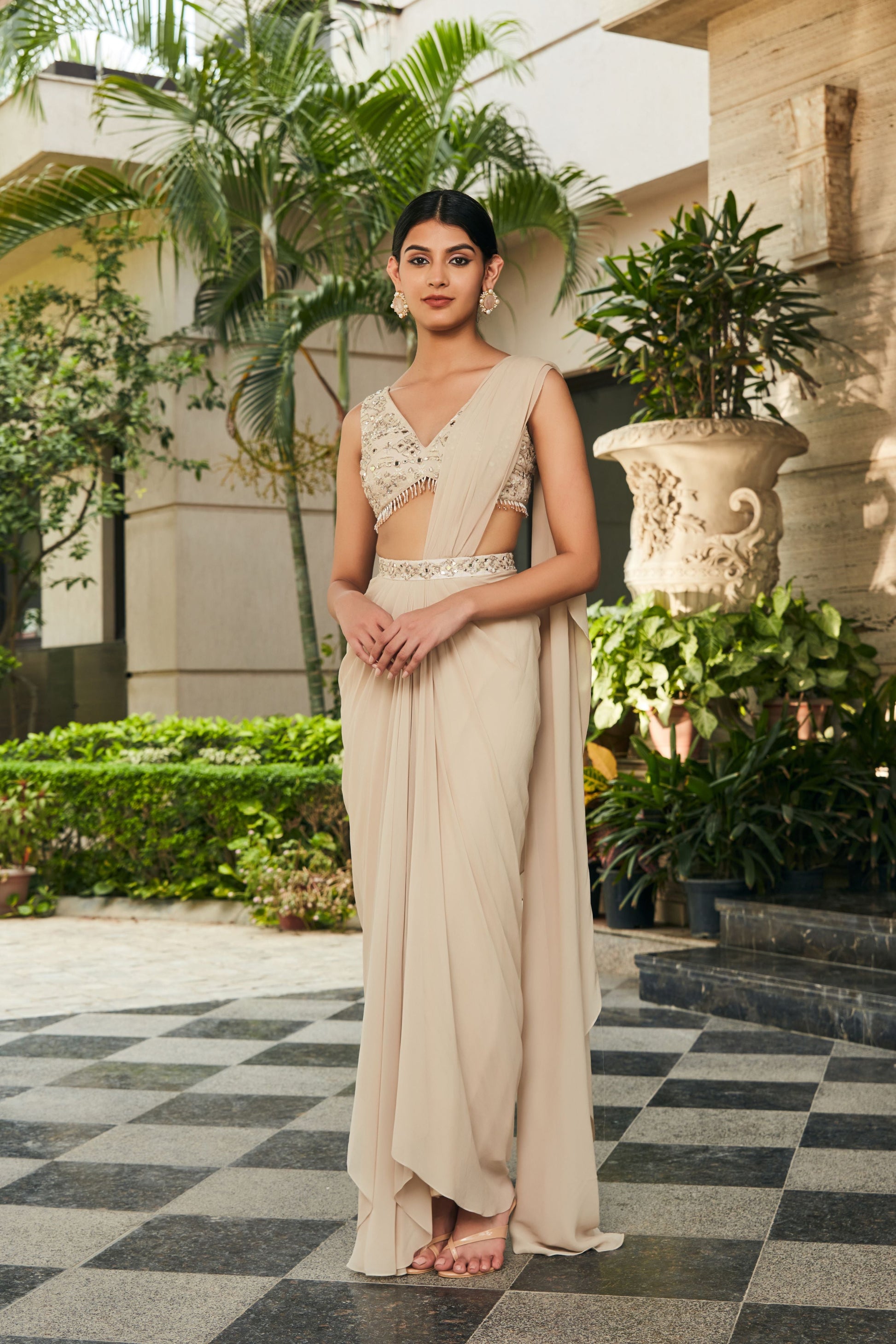 Zeya- Beige Chikankari & Mirror Work Concept Saree-Concept Sari-Bohame-XS-4'8"-5'2"-Beige-Urbanheer